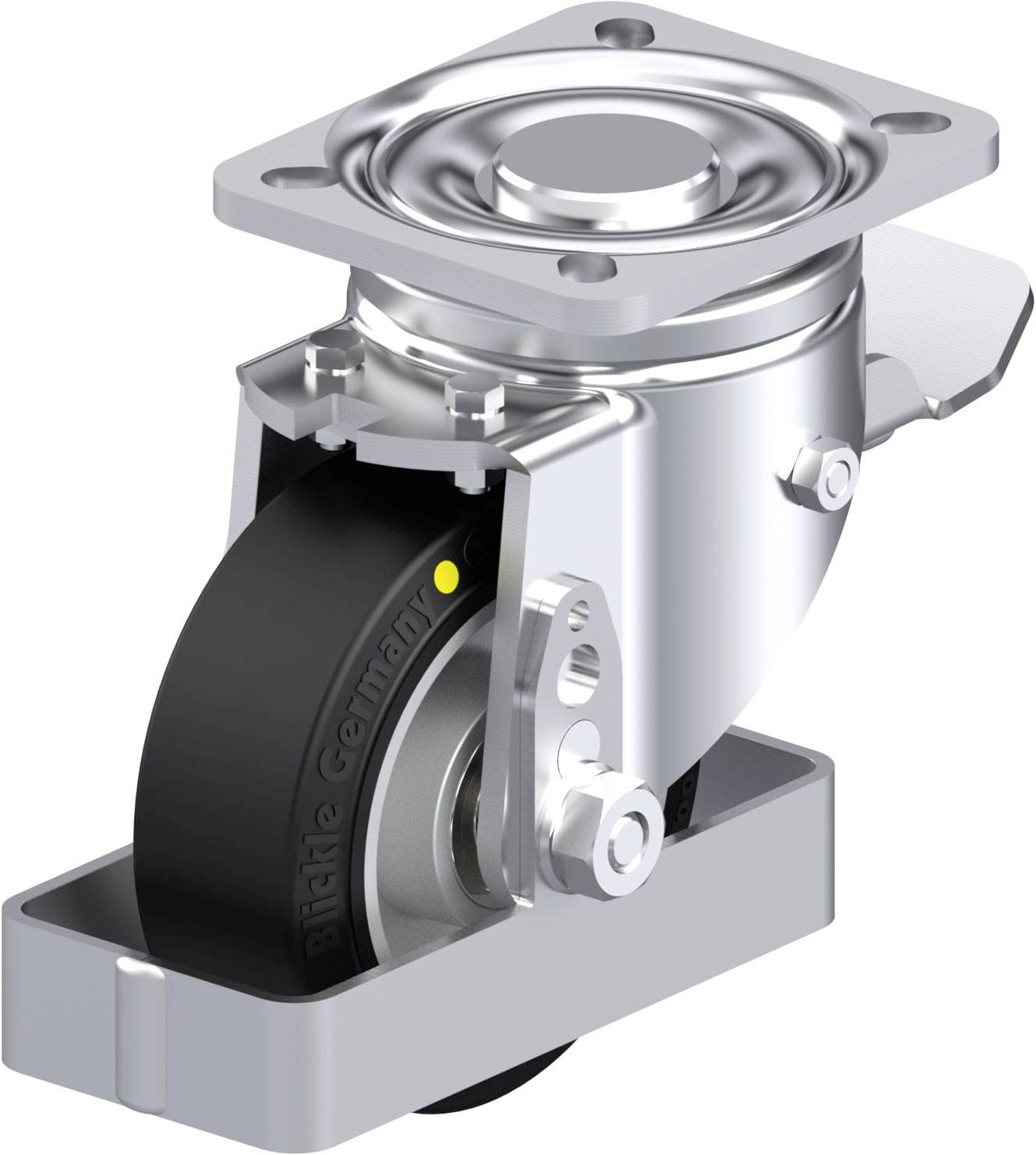 Drehbare Lenkrolle aus Metall mit schwarzem Gummirad und rechteckiger Montageplatte oben. Geeignet für industrielle Anwendungen.