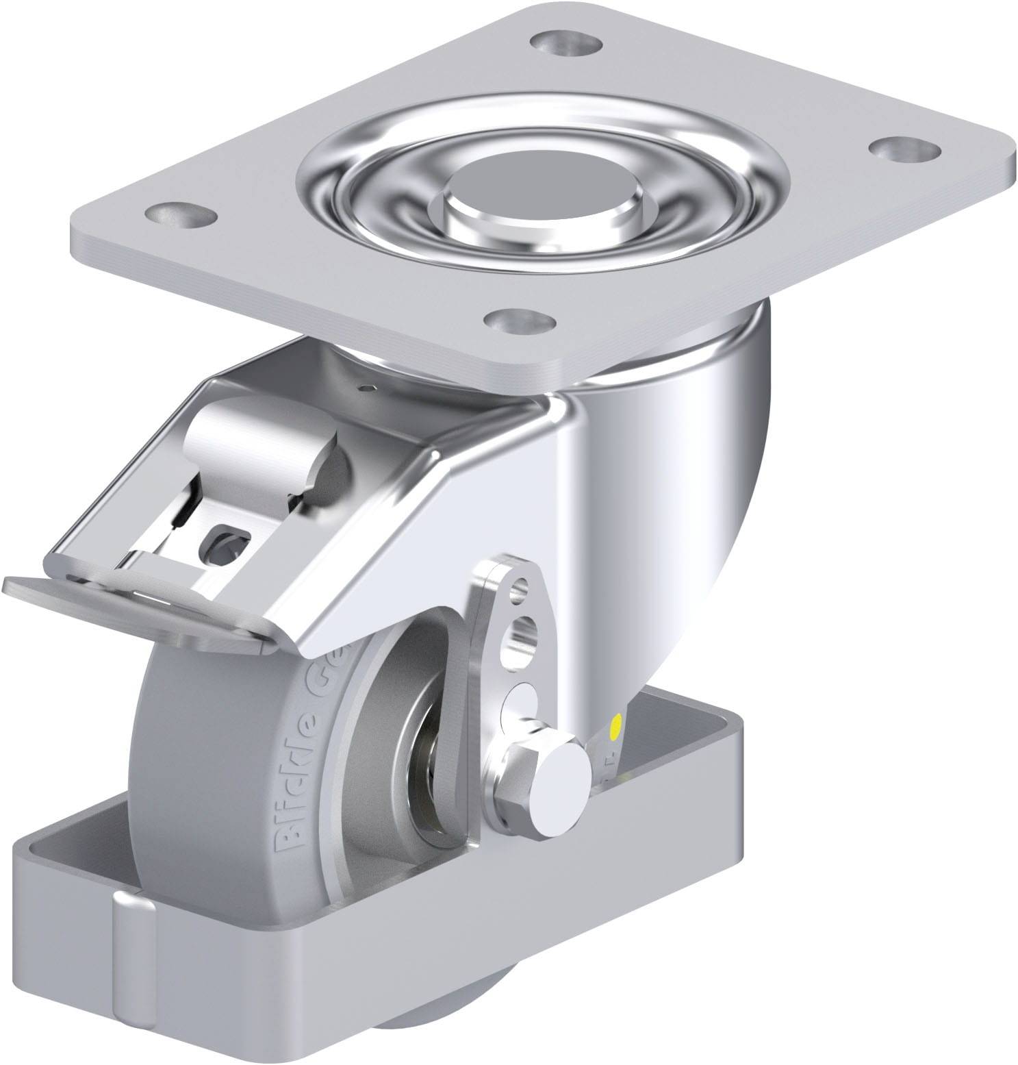 Schwenkrolle aus Metall mit Befestigungsplatte, grauer Gummireifen und Feststellbremse. Entwickelt für Möbel und Industrieanwendungen.