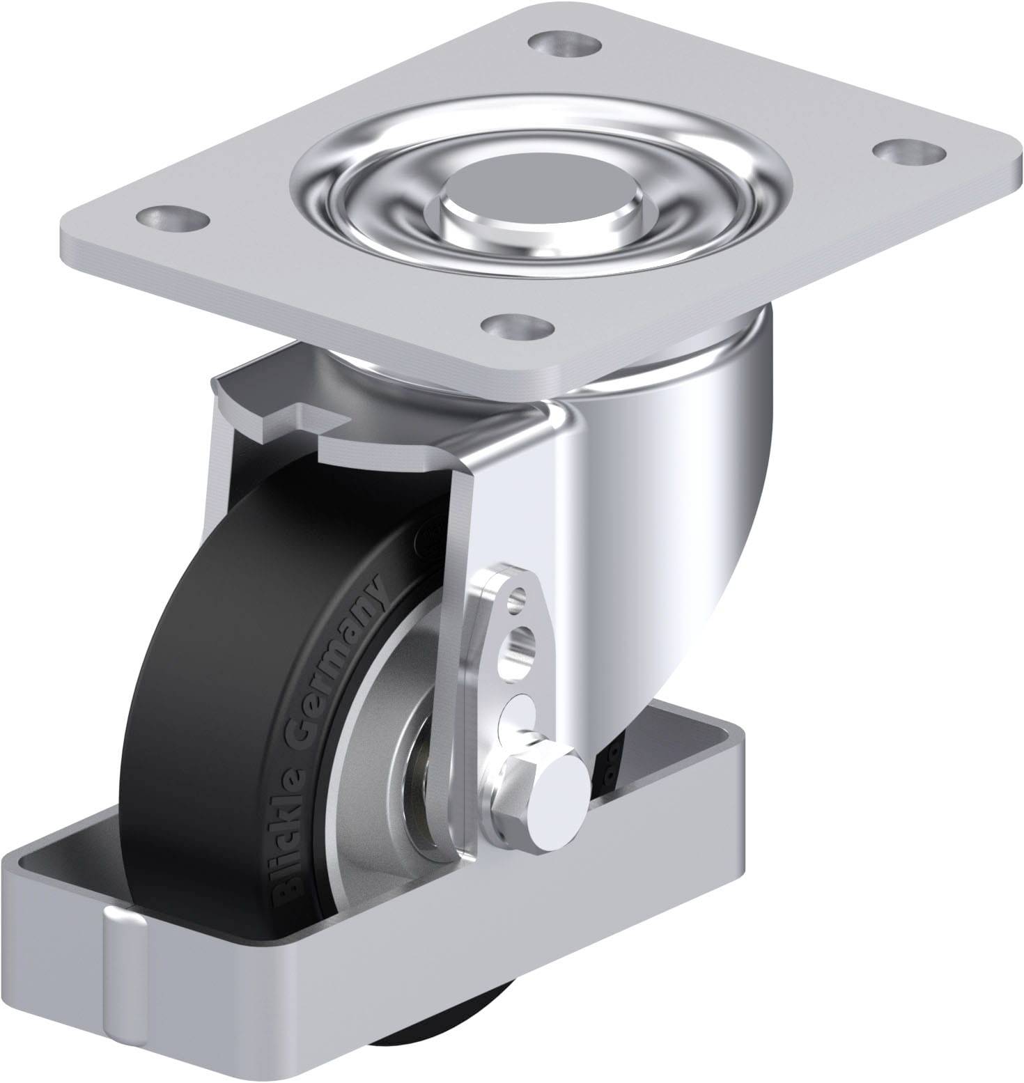 Hochleistungslenkrolle mit Metallgehäuse und schwarzem Rad, geeignet für industrielle Anwendungen.