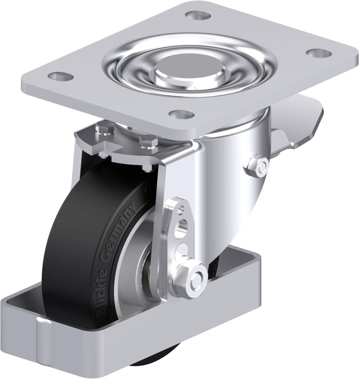 Schwenkrolle mit schwarzem Rad und Metallgehäuse, geeignet für den Einbau an Möbeln oder Geräten zur Verbesserung der Mobilität.