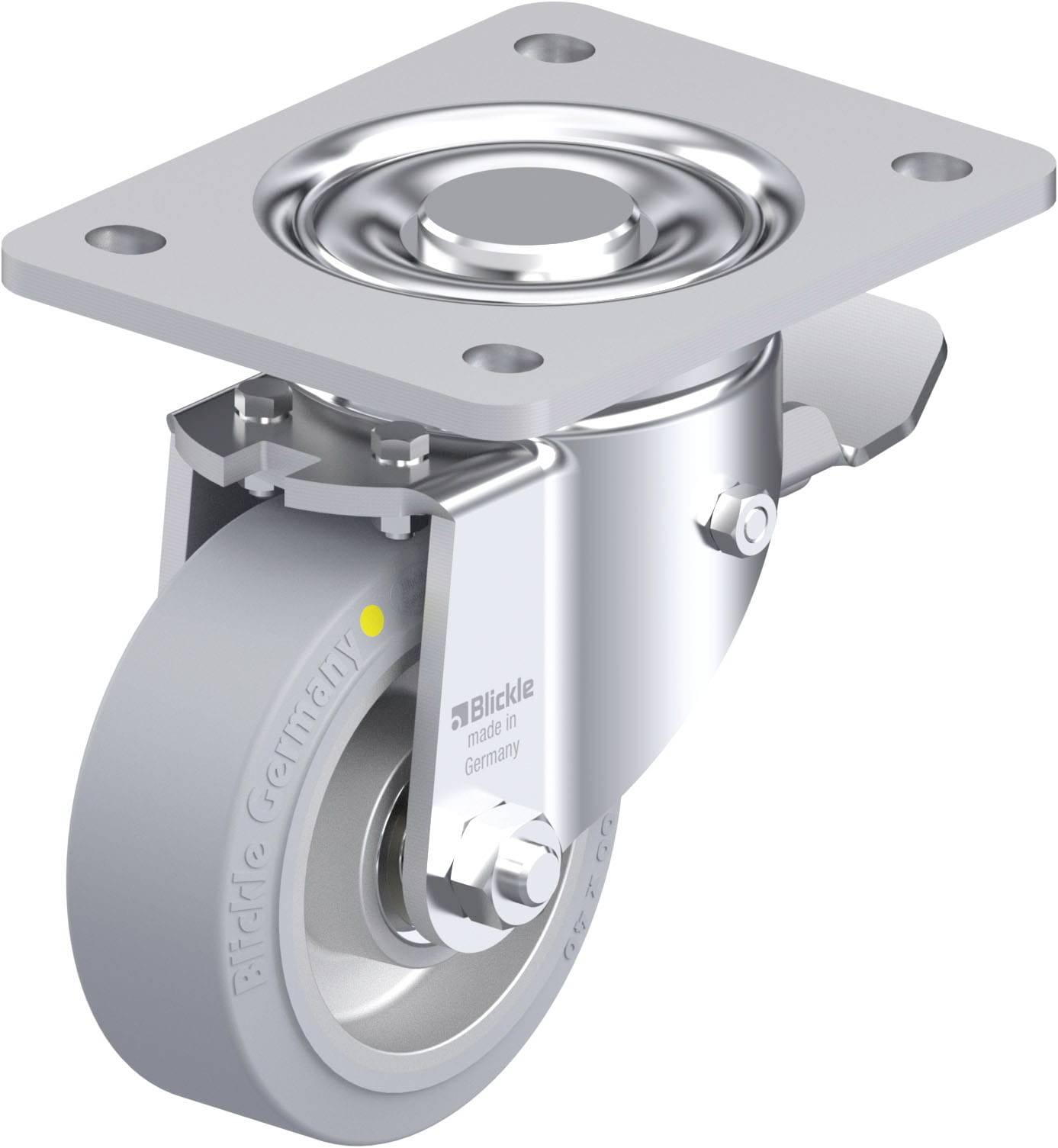 Eine robuste Lenkrolle aus Metall mit grauem Rad, Flanschplatte und integriertem Kugellager für leichte Manövrierbarkeit.