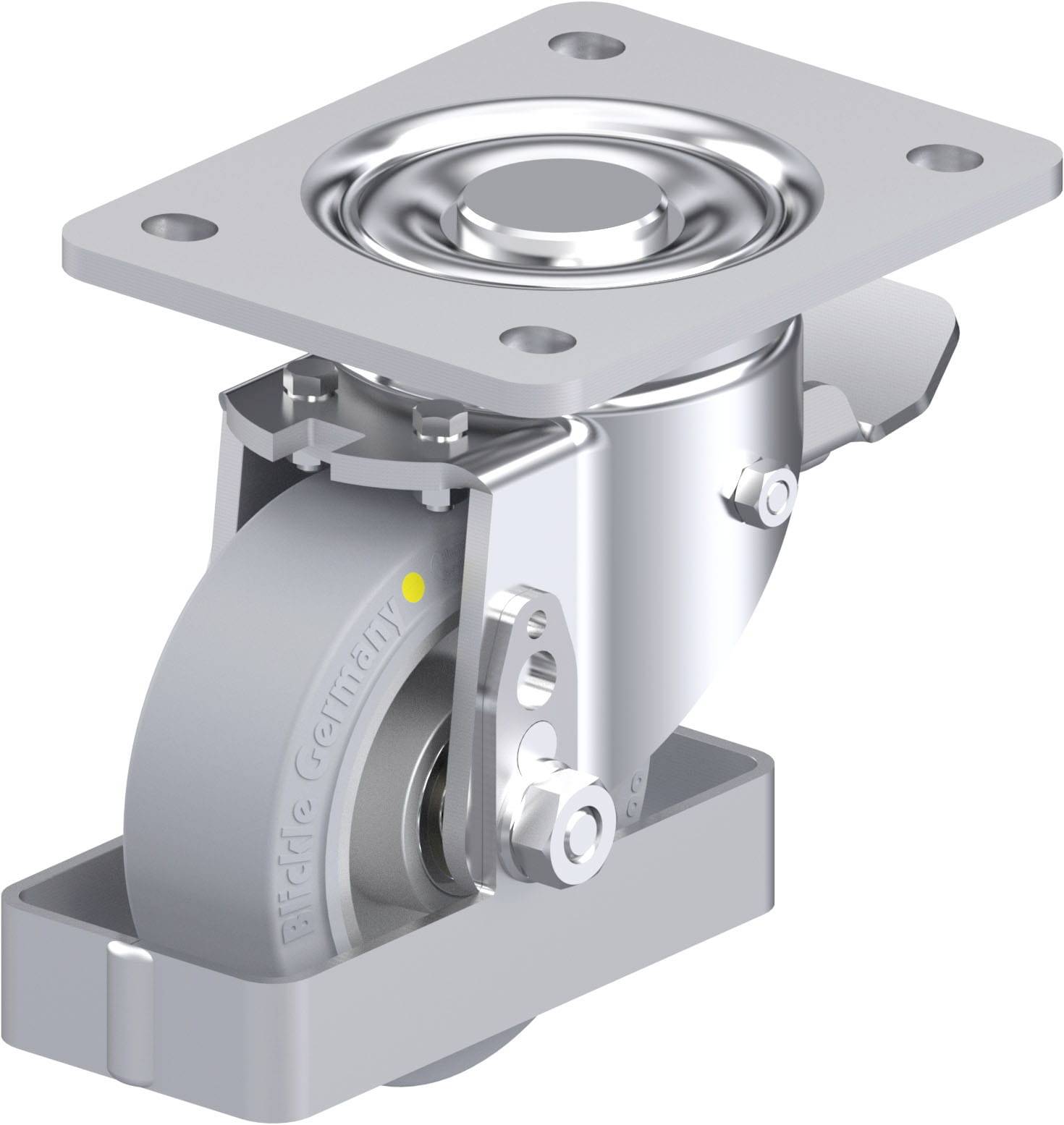 Metallisches Lenkrollenrad mit Befestigungsplatte und Gabel, konzipiert für die Montage an Geräten oder Möbeln zur Mobilität.