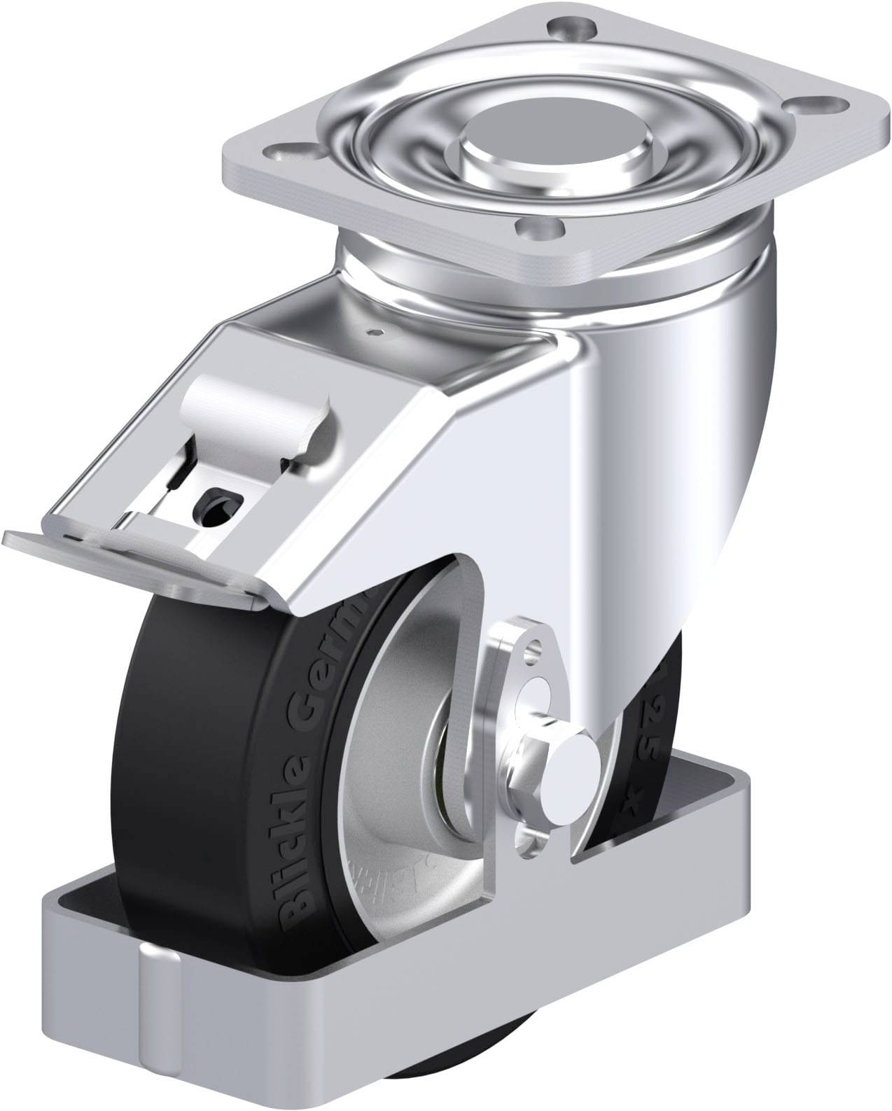 Lenkrolle mit Metallhalterung und schwarzem Rad, geeignet für industrielle Anwendungen.