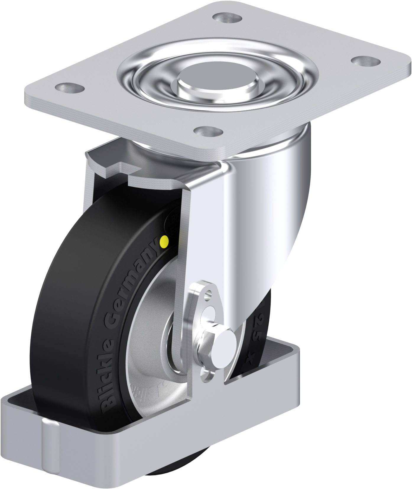 Metallrolle mit schwarzem Rad und rechteckiger Befestigungsplatte aus Metall, geeignet für den industriellen Einsatz.