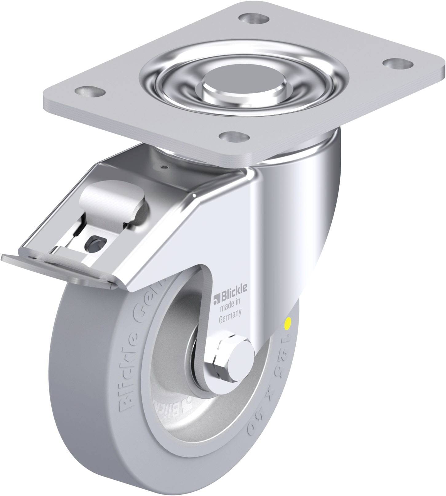 Drehbares Möbelrad mit grauer Gummirolle und quadratischer Metallplatte. Geeignet für die Befestigung an Möbelstücken oder Transportwagen.