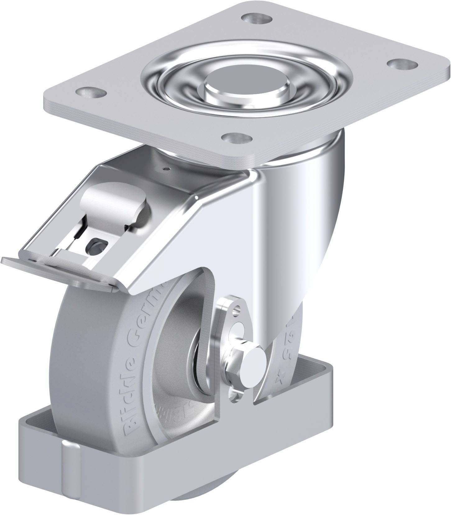 Metallisches Schwerlast-Rad mit Befestigungsplatte und Kugellager, zur Verwendung an industriellen Geräten oder Möbeln.