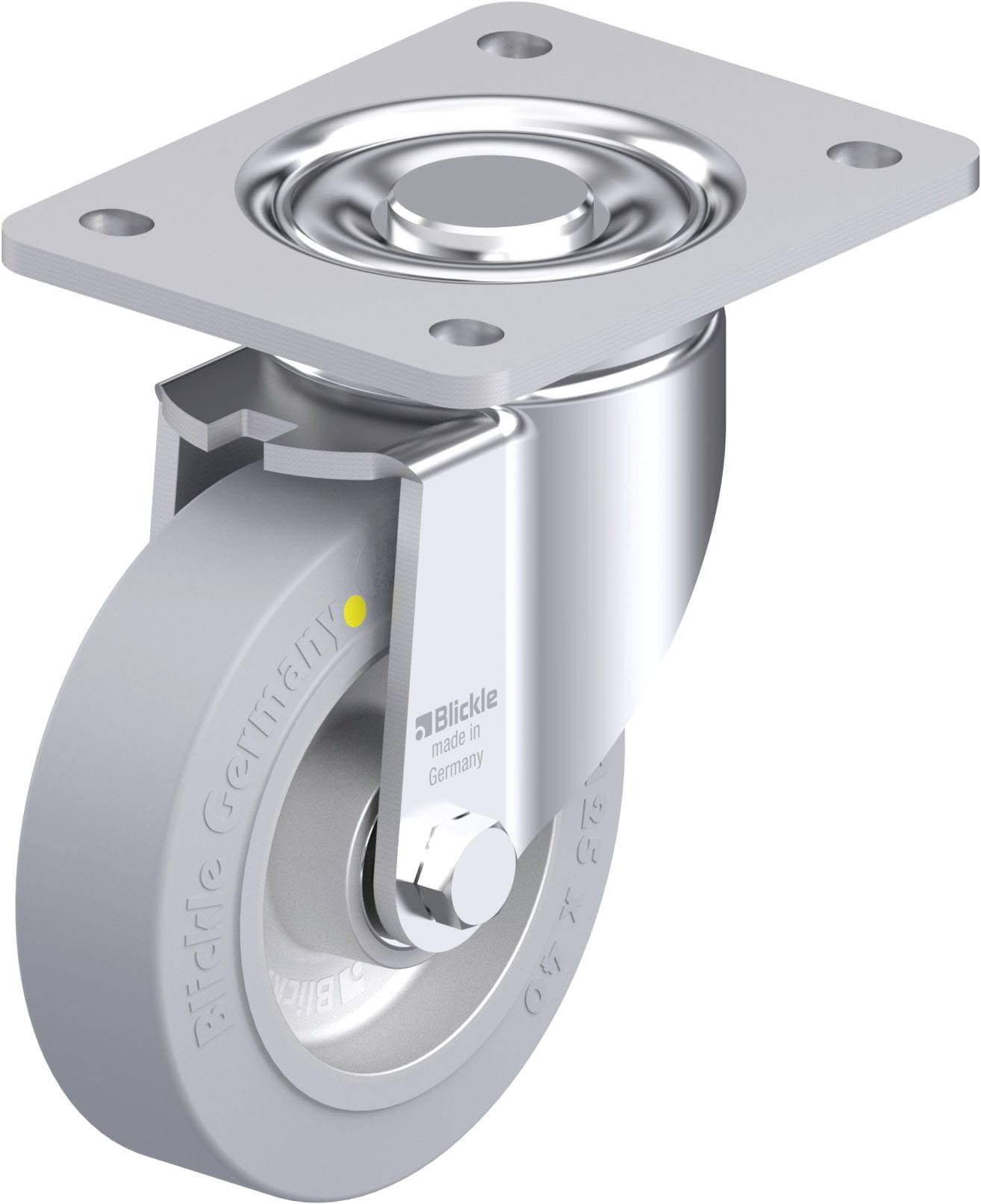 Schwenkrolle aus Metall mit grauem Rad und Halterung, geeignet für industrielle Anwendungen. Firmenname 'Blickle' auf der Halterung.