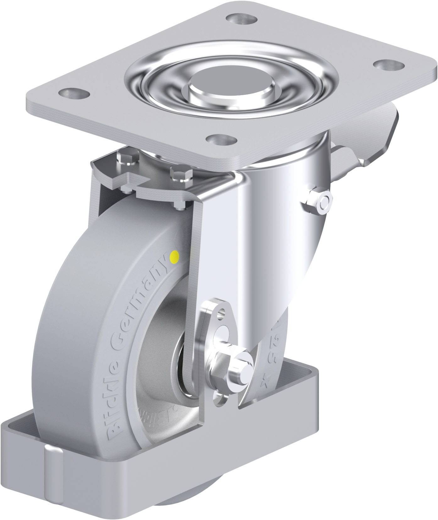 Schwenkrolle aus Metall mit grauer Kunststofffelge und Befestigungsplatte. Geeignet für Industrieanwendungen, bietet hohe Stabilität.