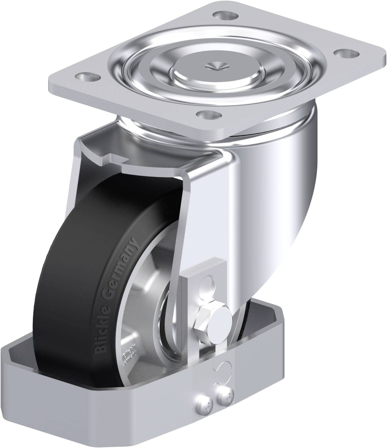 Eine drehbare Lenkrolle aus Metall mit schwarzem Rad und rechteckiger Montageplatte. Geeignet für industrielle Anwendungen.