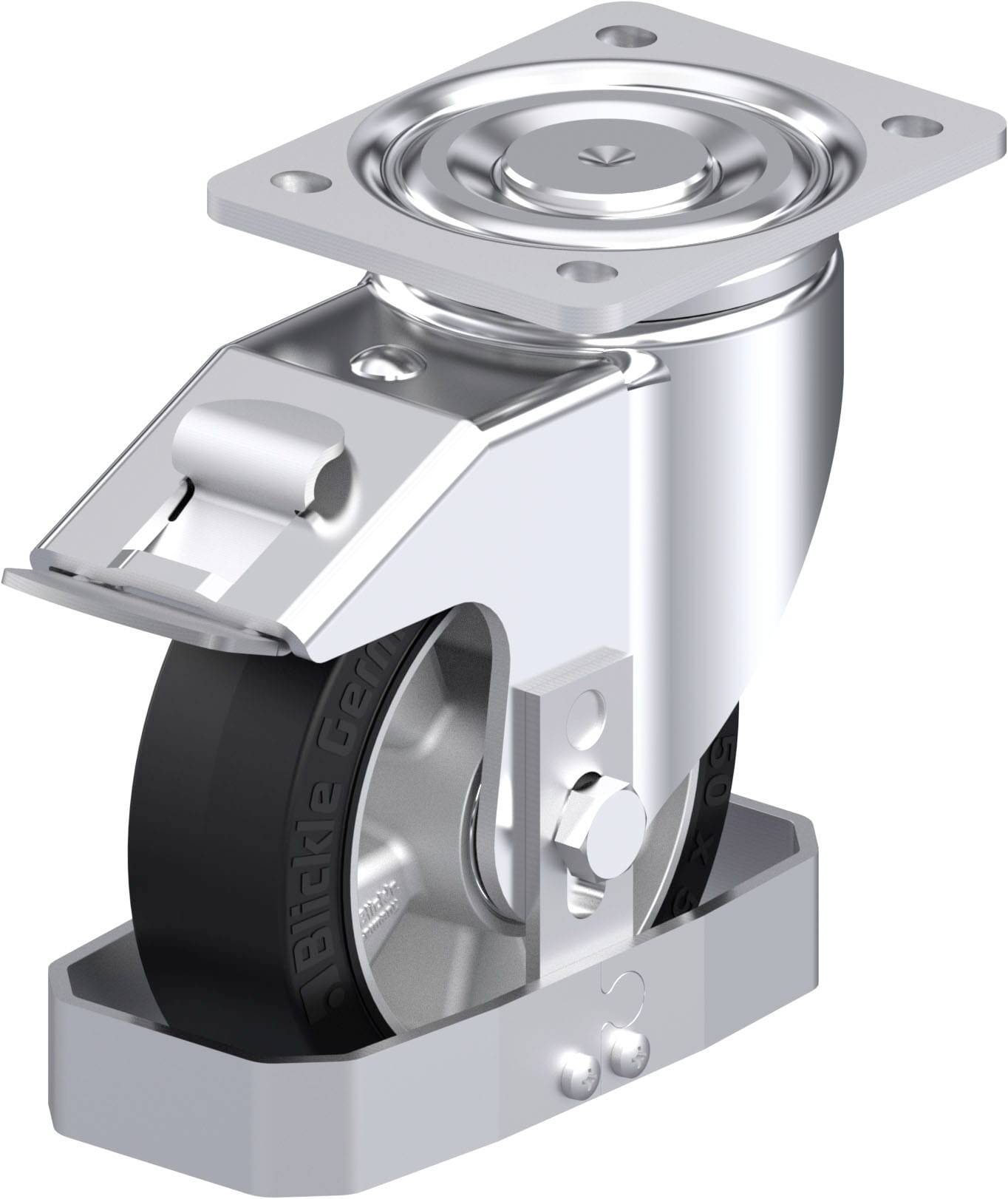 Metallrolle mit schwarzem Rad, montiert auf einem rechteckigen Befestigungsblech. Geeignet für Möbel oder Maschinenmobilität.