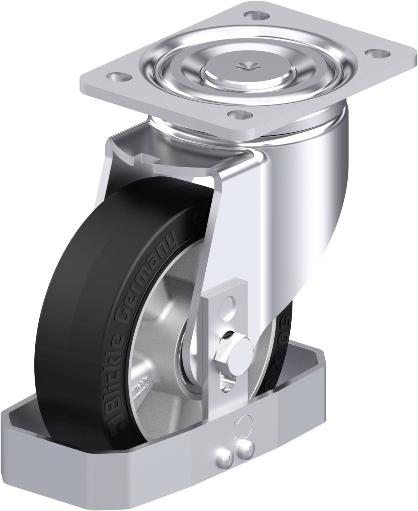 Drehbares Rad aus Metall und Gummi mit Halterung, geeignet für Möbel oder Transportwagen.