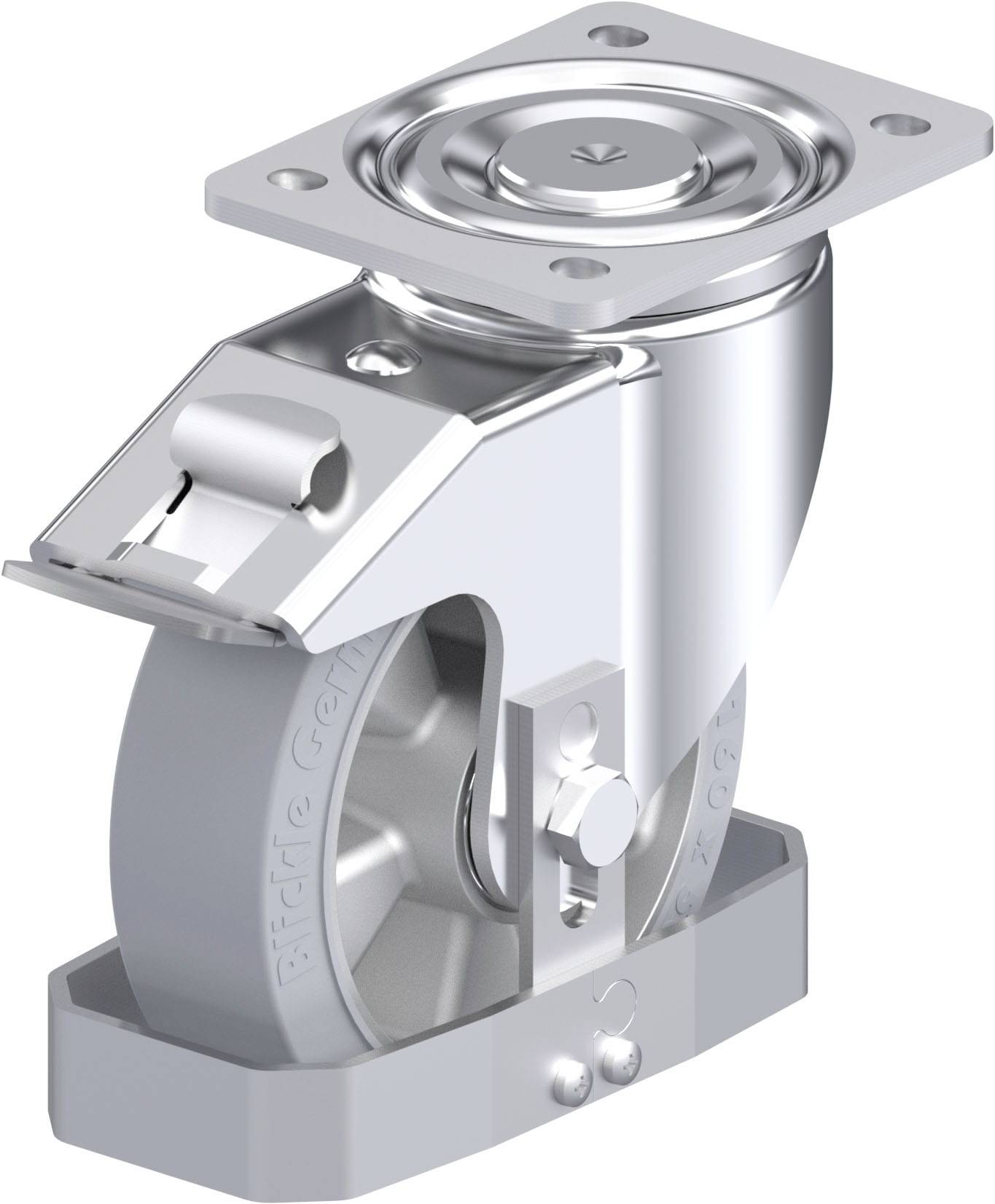 Metallrad mit Halterung und Bremse, geeignet für die Befestigung an einem Möbelstück oder Gerät zur Unterstützung der Mobilität.