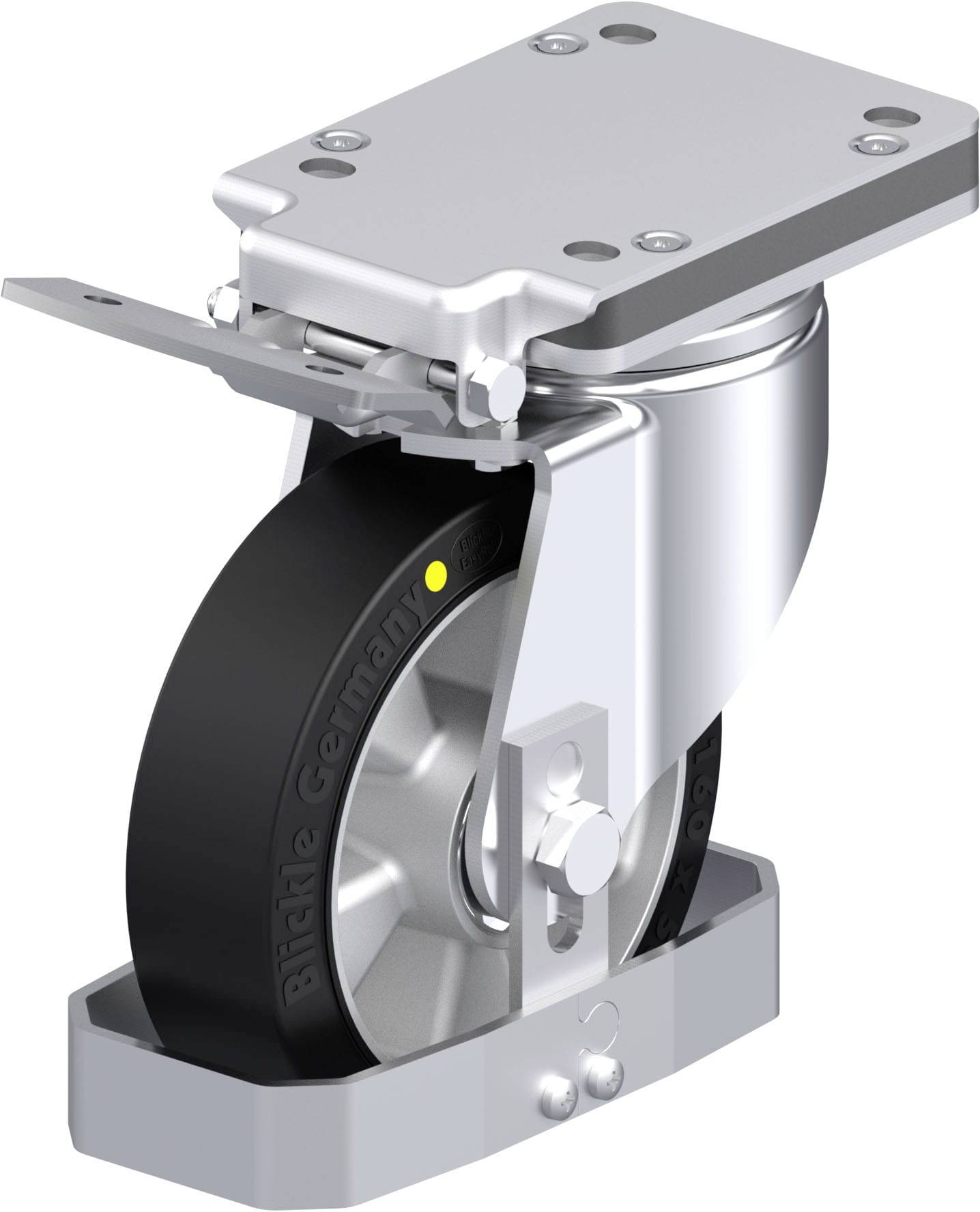 Metallisches Schwerlastrad mit schwarzem, robustem Gummirad, befestigt an einer silbernen Metallplatte mit Drehmechanismus.