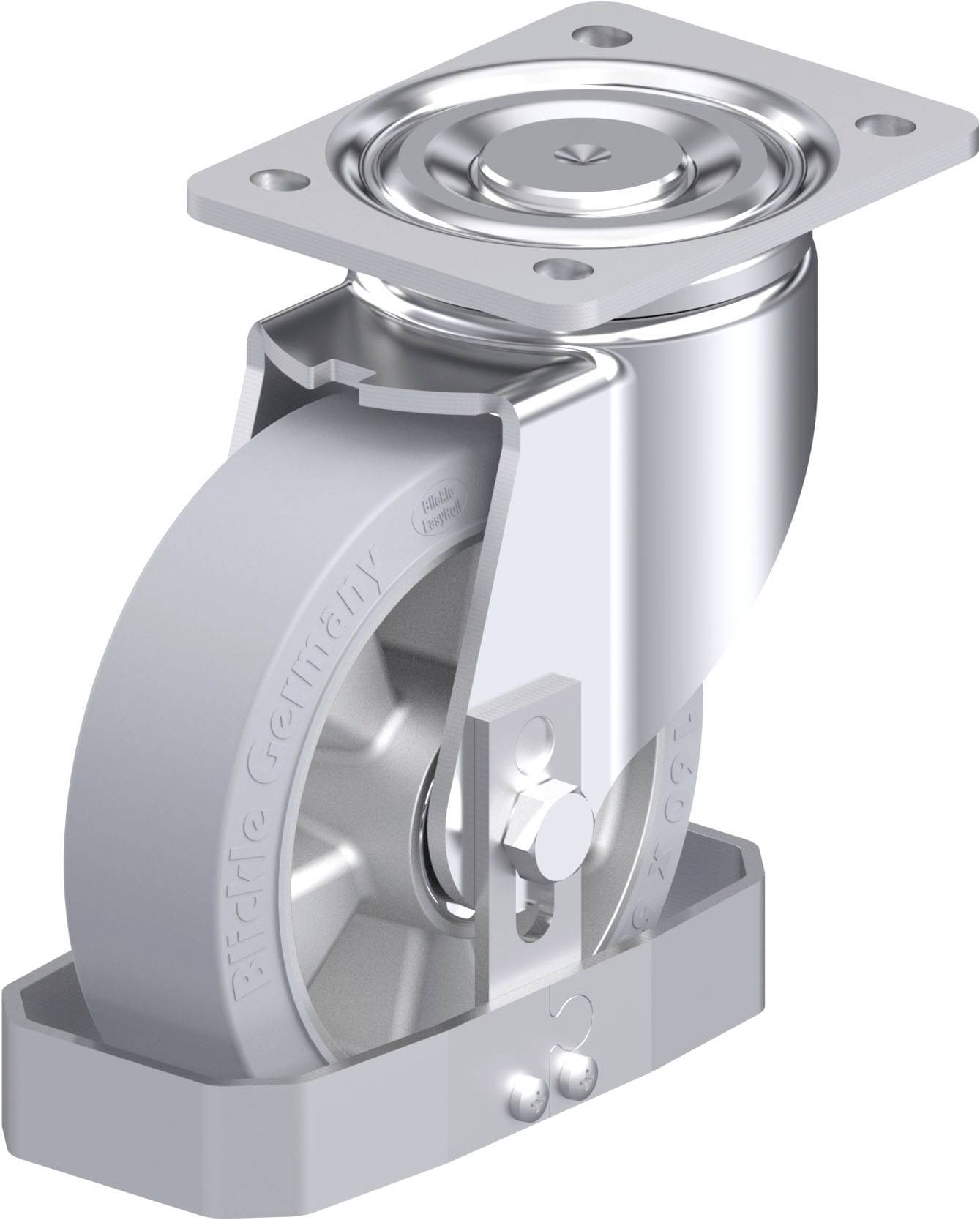 Schwenkrolle mit grauem Rad und silbernem Gehäuse, montiert auf einer quadratischen, drehbaren Metallplatte. Geeignet für Möbel.