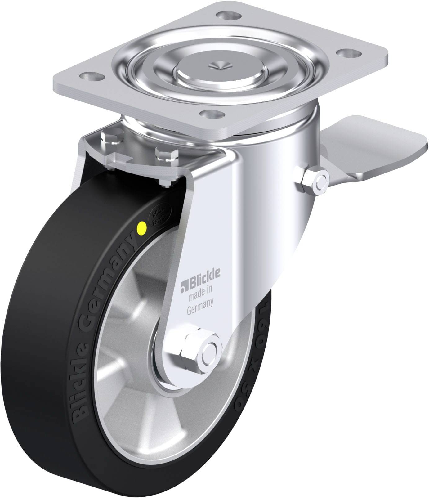 Rollenrad aus Metall und Gummi mit Aufschrift 'Blickle', hergestellt in Deutschland. Ideal für Industriemaschinen und Transportwagen.