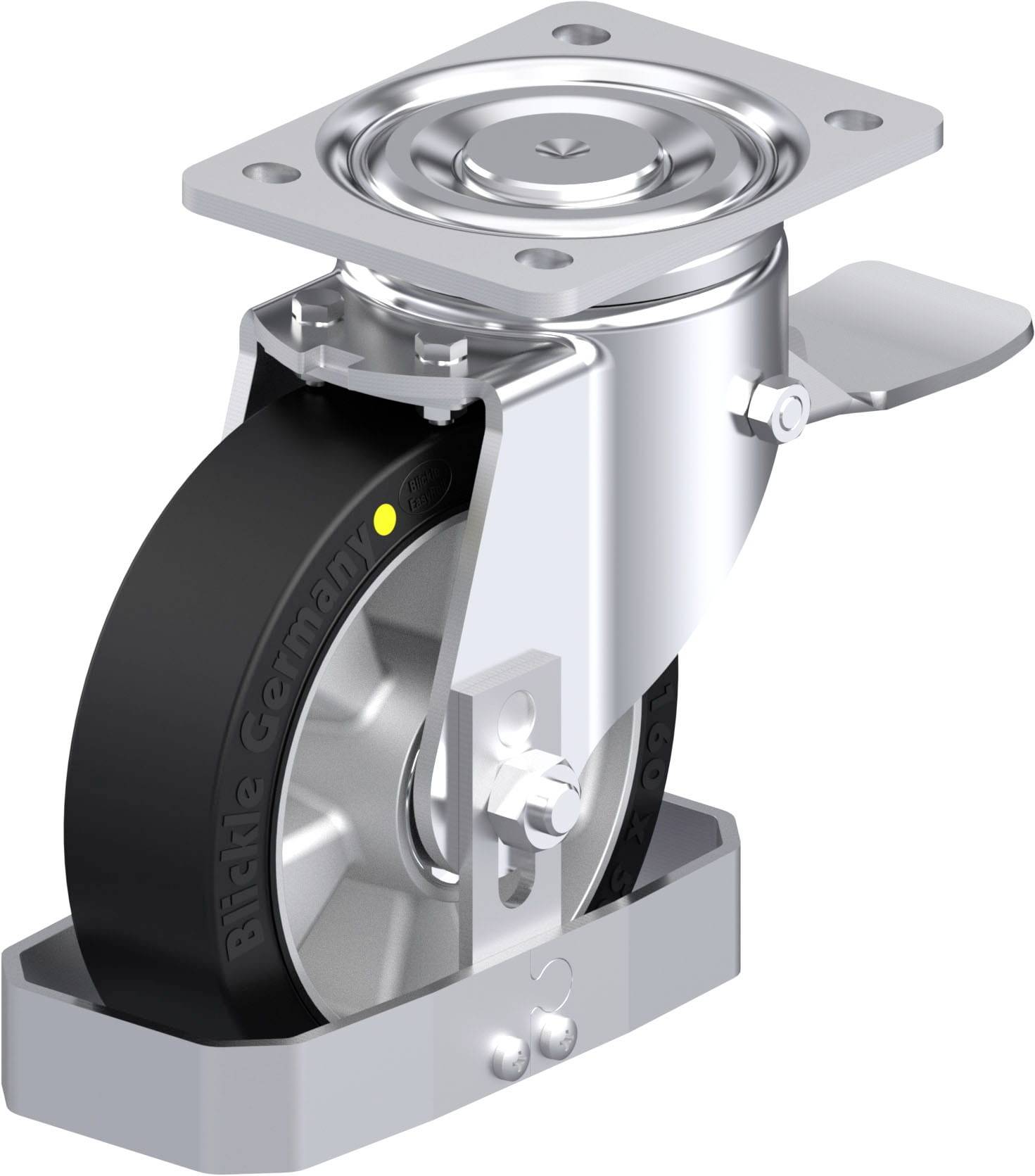 Eine drehbare Lenkrolle aus Metall mit schwarzem Rad. Geeignet für schwere Lasten. Ideal für Transportgeräte oder Industrieanwendungen.