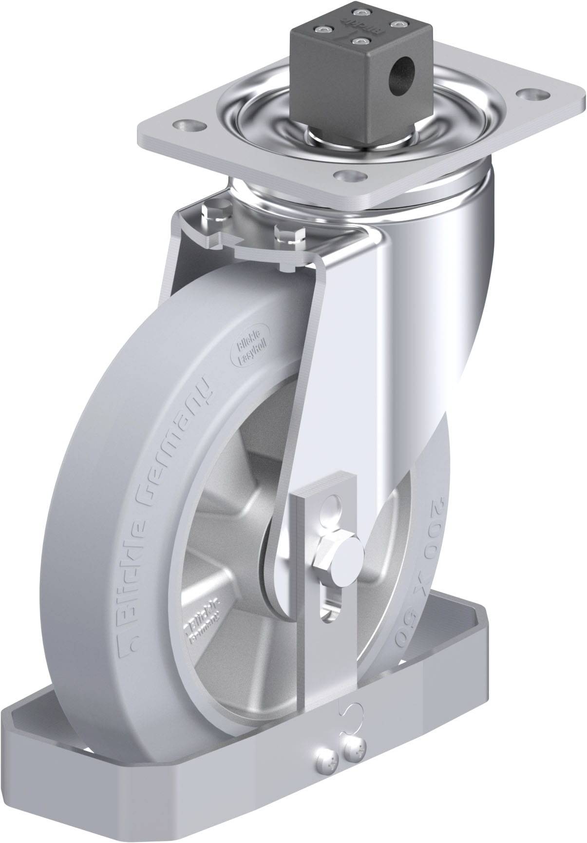 Industrielles Laufrollenmodell mit grauem Rad, einem Drehgelenk oben und robustem Gehäuse, geeignet für schwere Lasten.