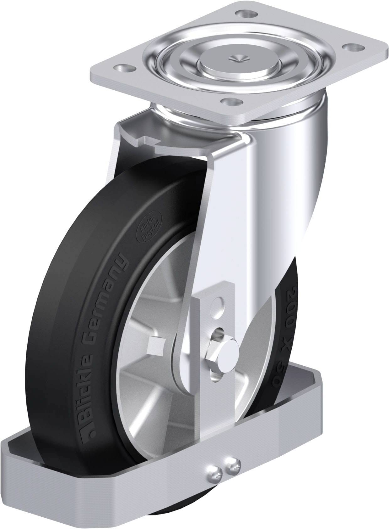 Schwenkrolle aus Metall mit schwarzem Gummirad, geeignet für Möbel oder Industrieanwendungen.