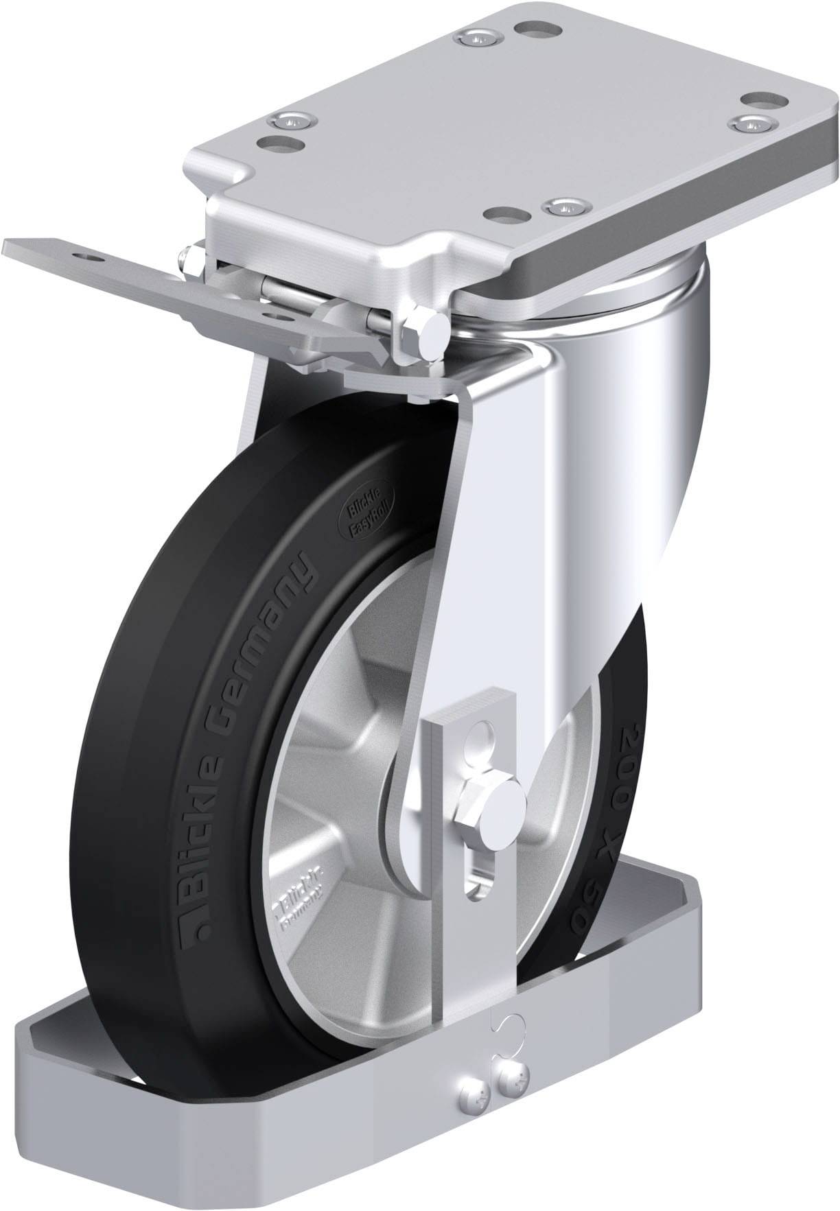 Schwenkrolle mit grauem Gehäuse und schwarzem Rad, geeignet für Maschinen oder Geräte. Robust und für industrielle Anwendungen.