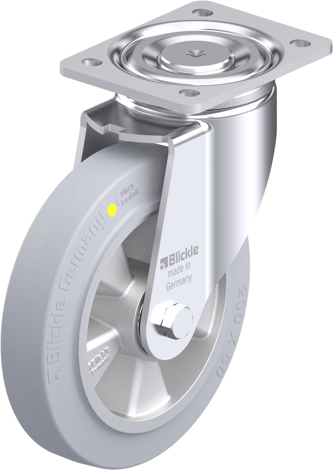 Grau-blaues Schwenkrad mit Metallplatte. Auf der Seite eingeprägt 'Blickle made in Germany'. Geeignet zur Befestigung an Möbeln oder Geräten.