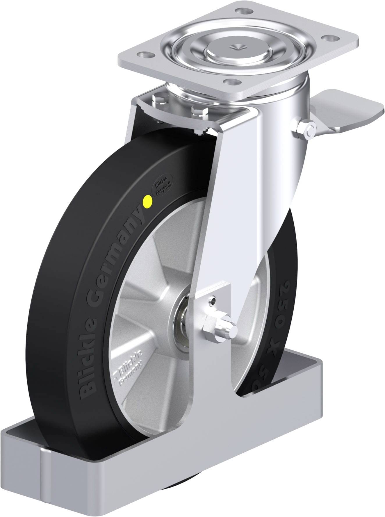 Metallisches Lenkrollenmodell von Blickle, Ansicht von der Seite. Schwarzes Rad mit glänzendem Metallgehäuse und Befestigungsplatte oben.