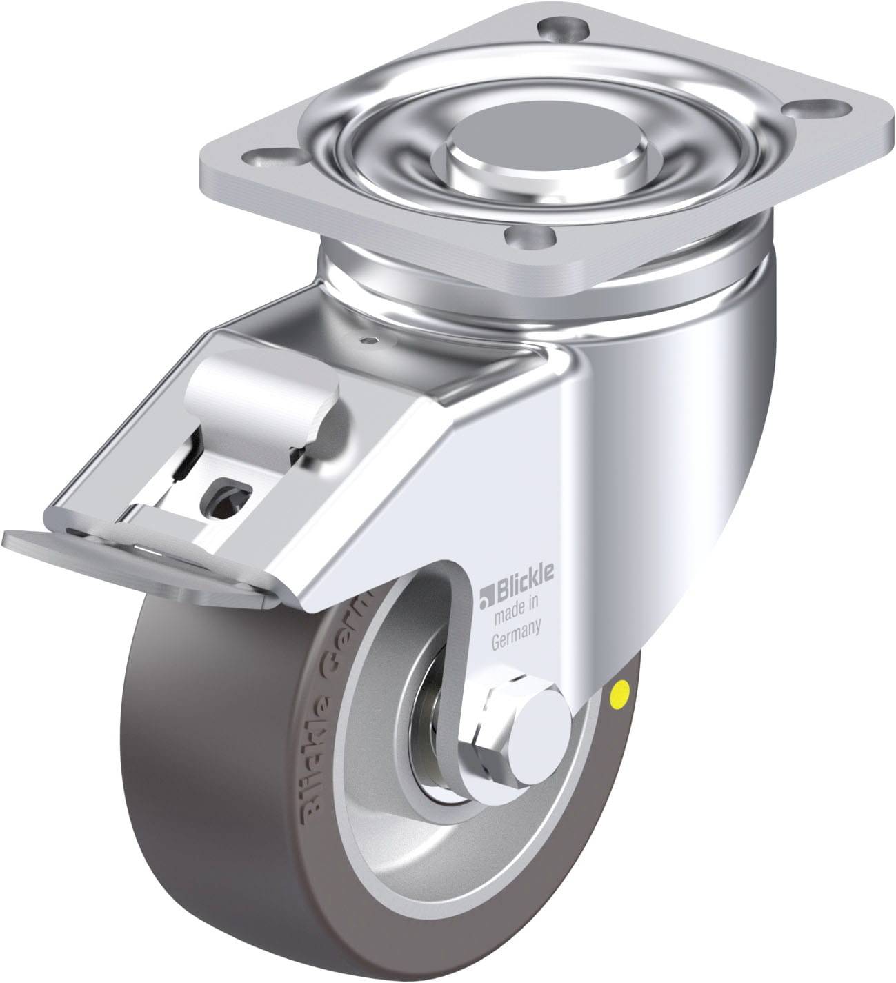 Industrie-Rolle mit Metallgehäuse, grauem Rad und integrierter Befestigungsplatte, geeignet für schwere Lasten und industrielle Anwendungen.