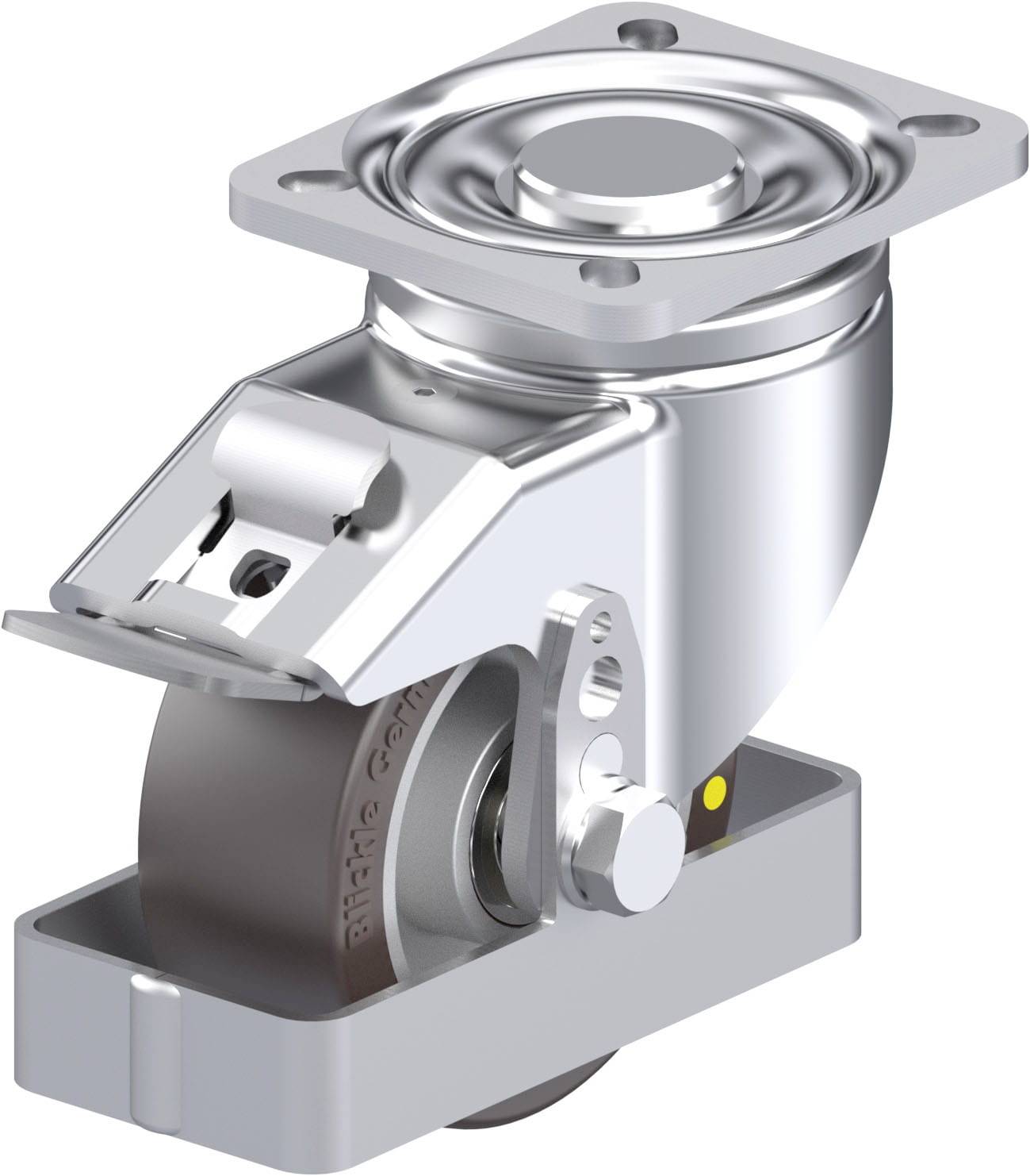 Metallrolle mit Befestigungsplatte und Bremse, geeignet für industrielle Anwendungen, glänzendes Metallfinish, feststellbar.