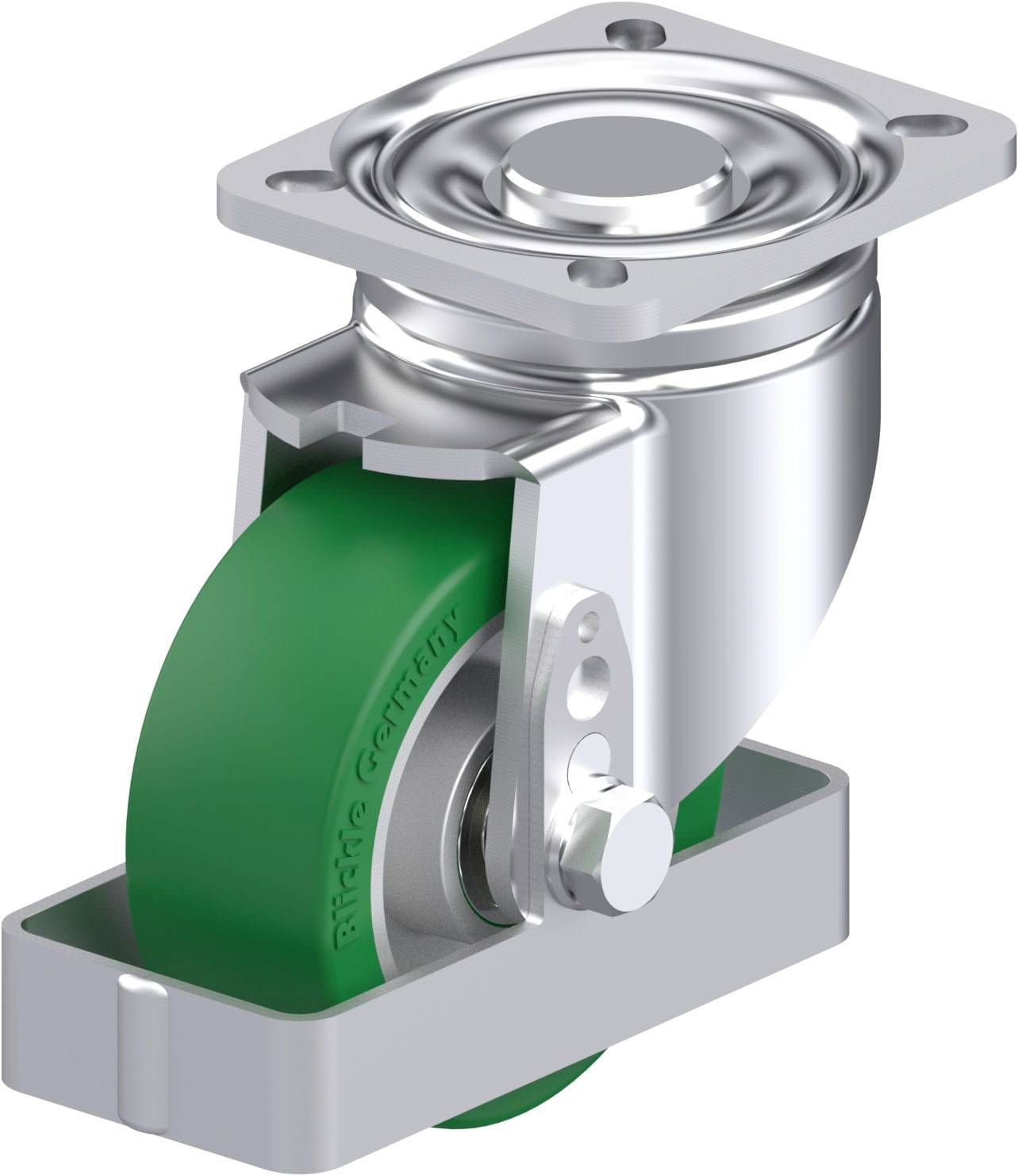 Hochleistungslenkrolle mit grünem Rad und silberner Halterung, geeignet für schwere Lasten und vielseitige Anwendungen.