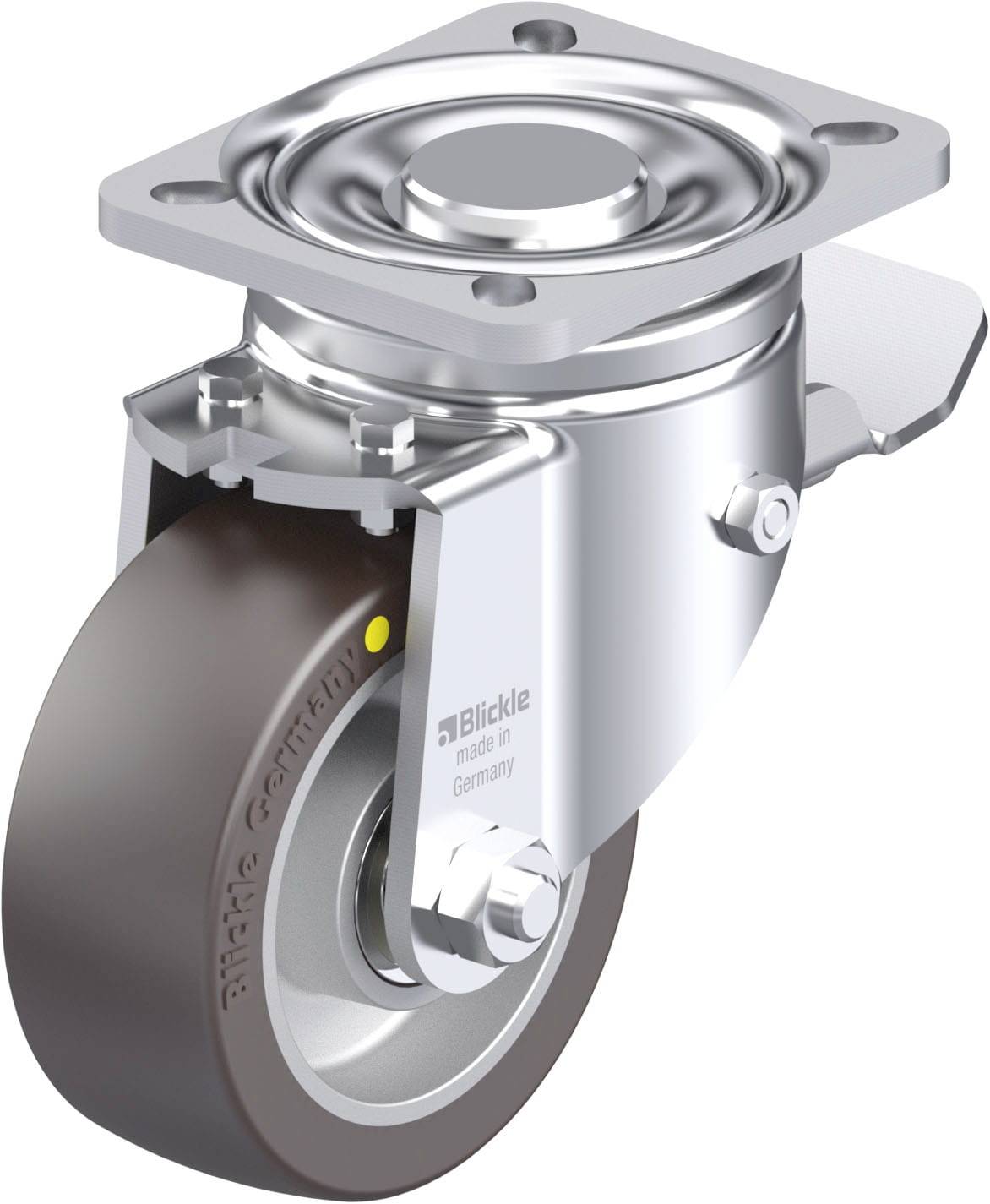 Schwenkrolle mit grauem Rad und silbernem Gehäuse, geeignet für Transportgeräte. Text 'Blickle made in Germany' auf dem Rad.