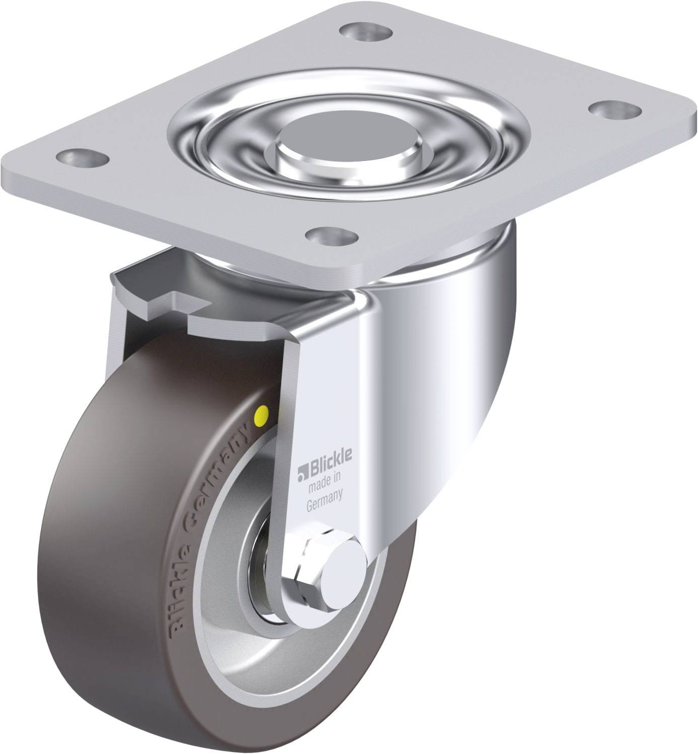 Metall-Rollenrad mit einer Befestigungsplatte oben, für Möbel oder Industrieanwendungen.