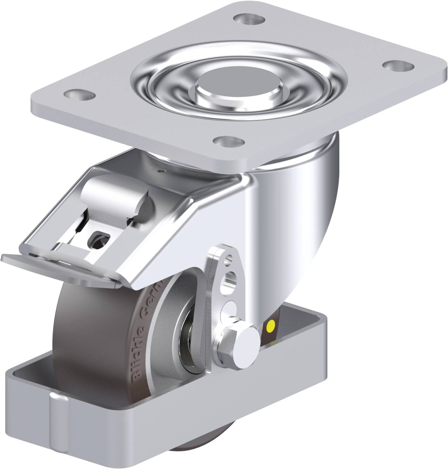 Silberne, drehbare Rollen für Möbel, mit Metallplatte zur Befestigung an der Unterseite. Sie zeigt ihre klare, robuste Bauweise.