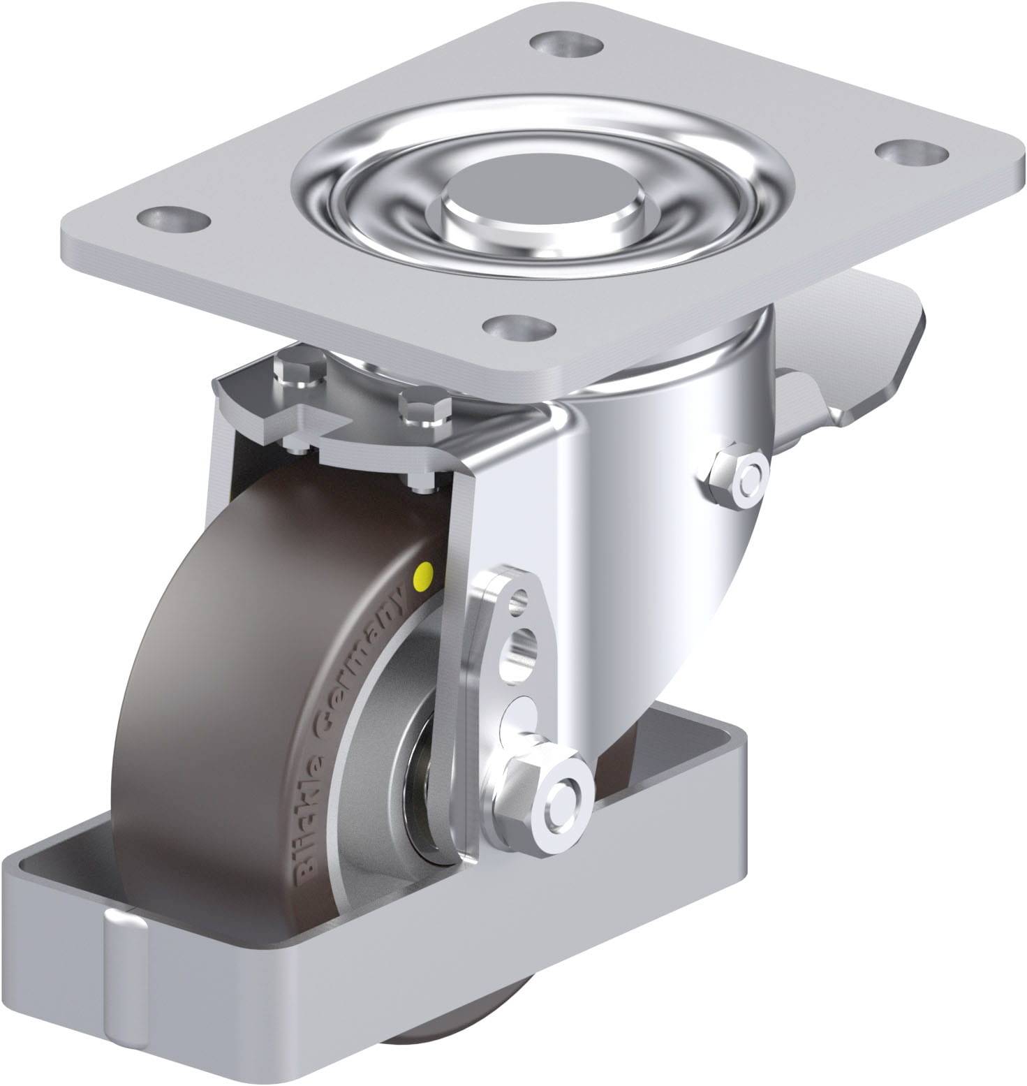 Schwenkbares Möbelrad aus Metall mit grauem Rad. Geeignet für schwere Lasten oder industrielle Anwendungen.