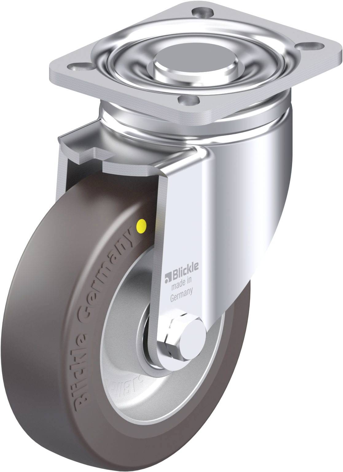 Metallenes Lenkrad mit Gummireifen, seitliches Logo. Lenkplatte oben für Montagen, glänzende Oberfläche. Made in Germany.