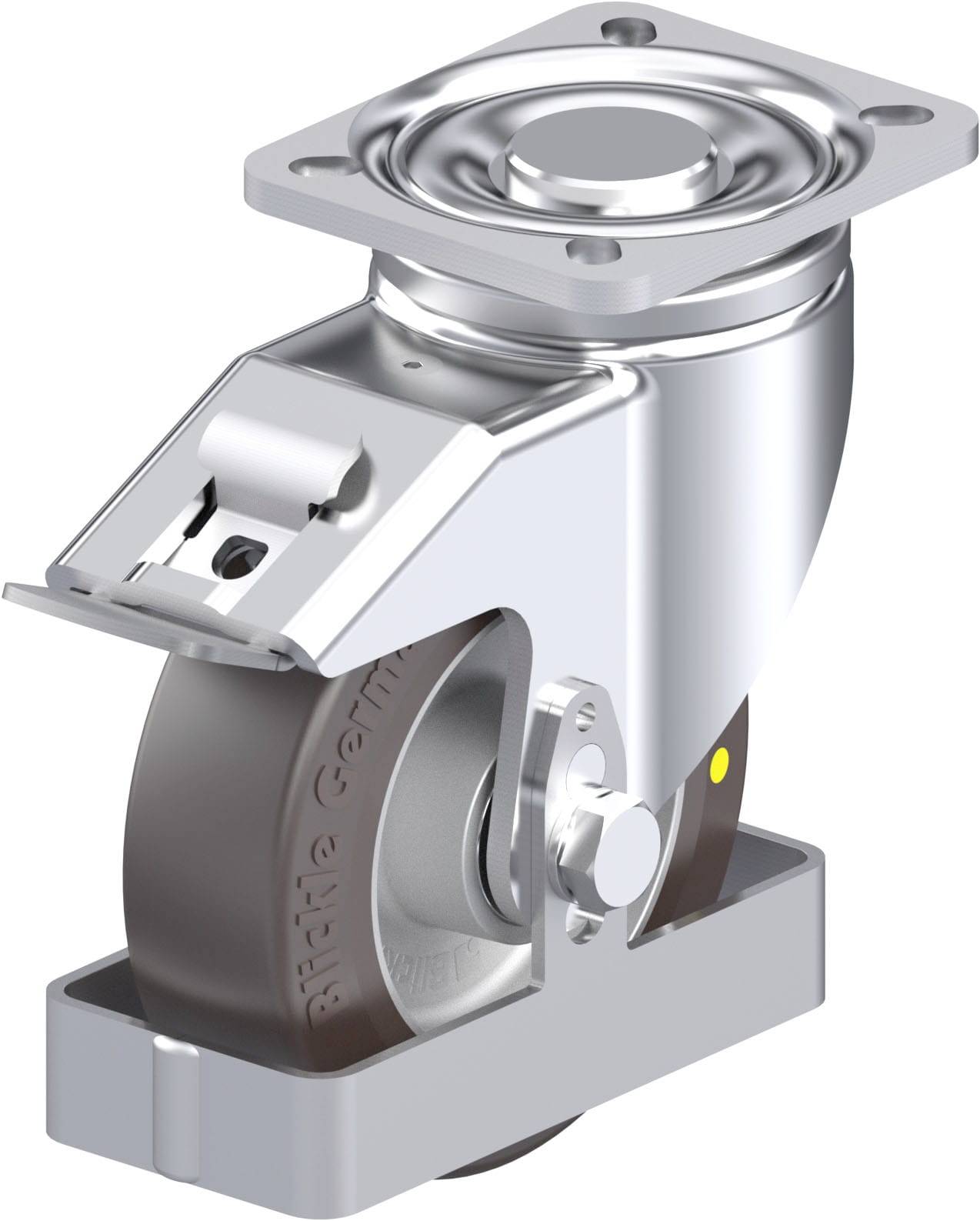 Industrie-Lenkrolle aus Metall mit grauem Rad und Montageplatte, geeignet für schwere Lasten in verschiedenen Anwendungen.