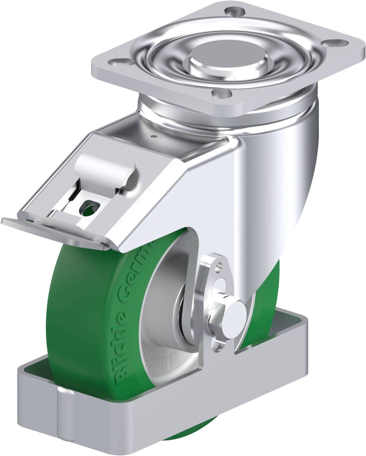 Schwerlastrolle mit grünem Rad, Metallgehäuse und Befestigungsplatte für industrielle Anwendungen.