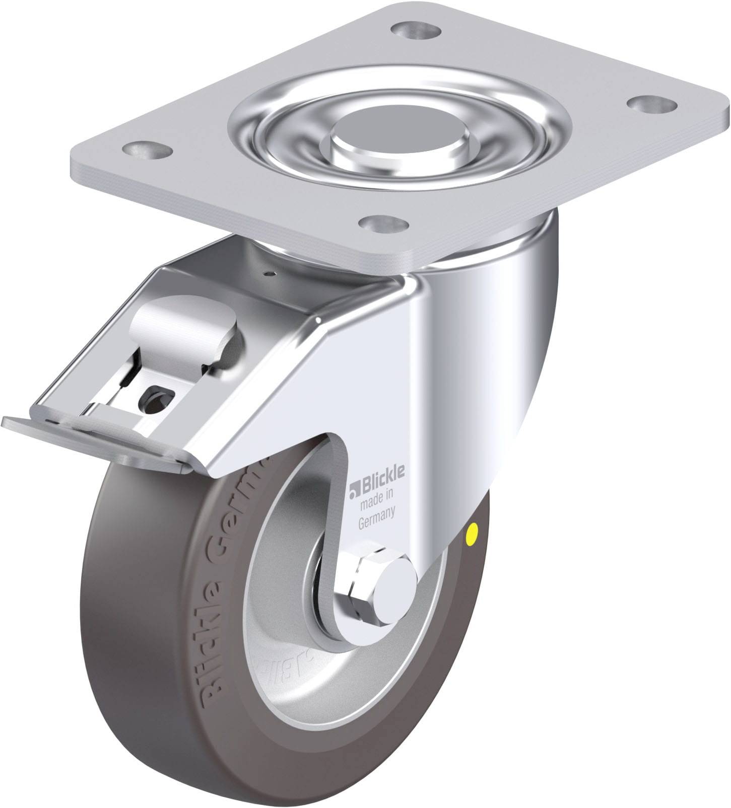 Eine drehbare Apparaterolle aus Metall mit grauem Rad und Befestigungsplatte, ideal zum Bewegen von Geräten oder Möbeln auf ebenen Flächen.