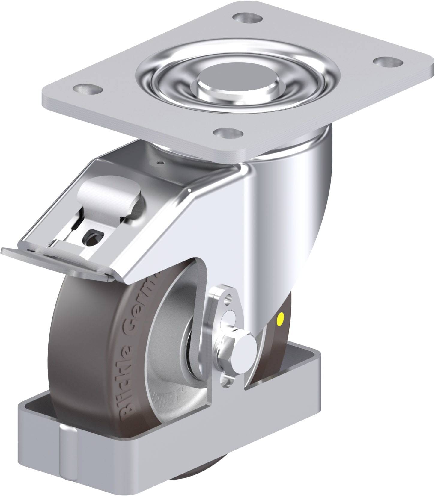 Eine silberne Lenkrolle mit Befestigungsplatte, ideal für Möbel- oder Gerätebewegung. Die Rolle ist robust und drehbar.