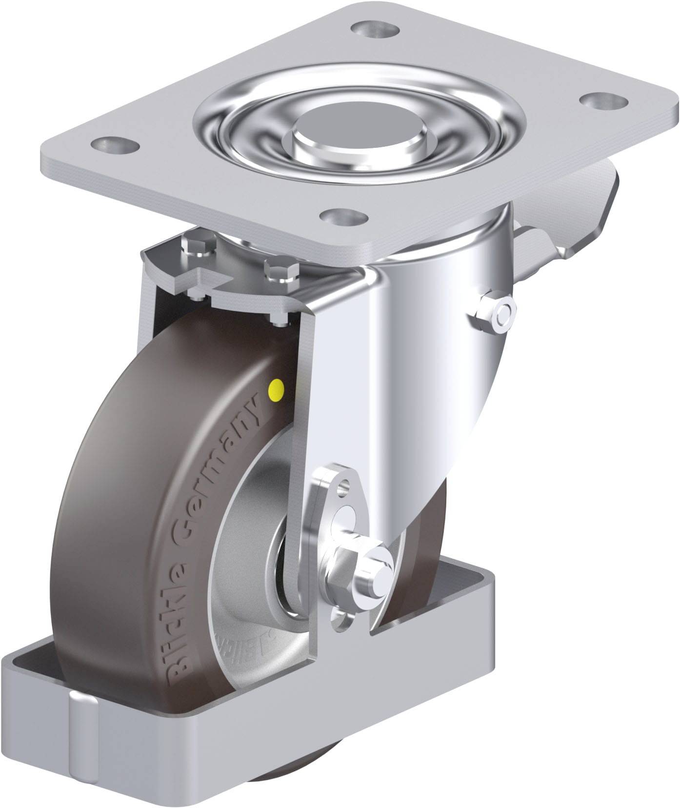 Schwenkrolle mit Metallplatte und Kugellager, geeignet für Möbel oder Industrieanwendungen. Mattes Finish und robustes Design.