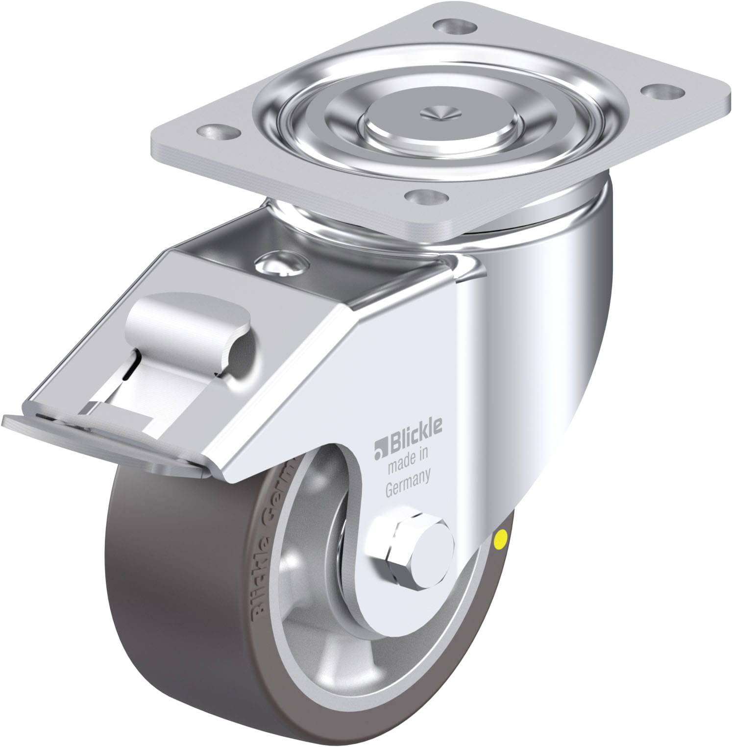 Rollenrad mit Metallhalterung, Schwenkmechanismus und Bremse, geeignet für Möbel oder Transportwagen.