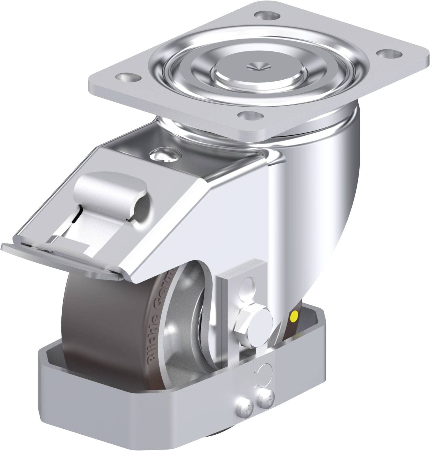 Industrie-Lenkrolle mit silbernem Metallgehäuse, schwarzem Rad und Montageplatte, für Maschinen oder schwere Geräte.