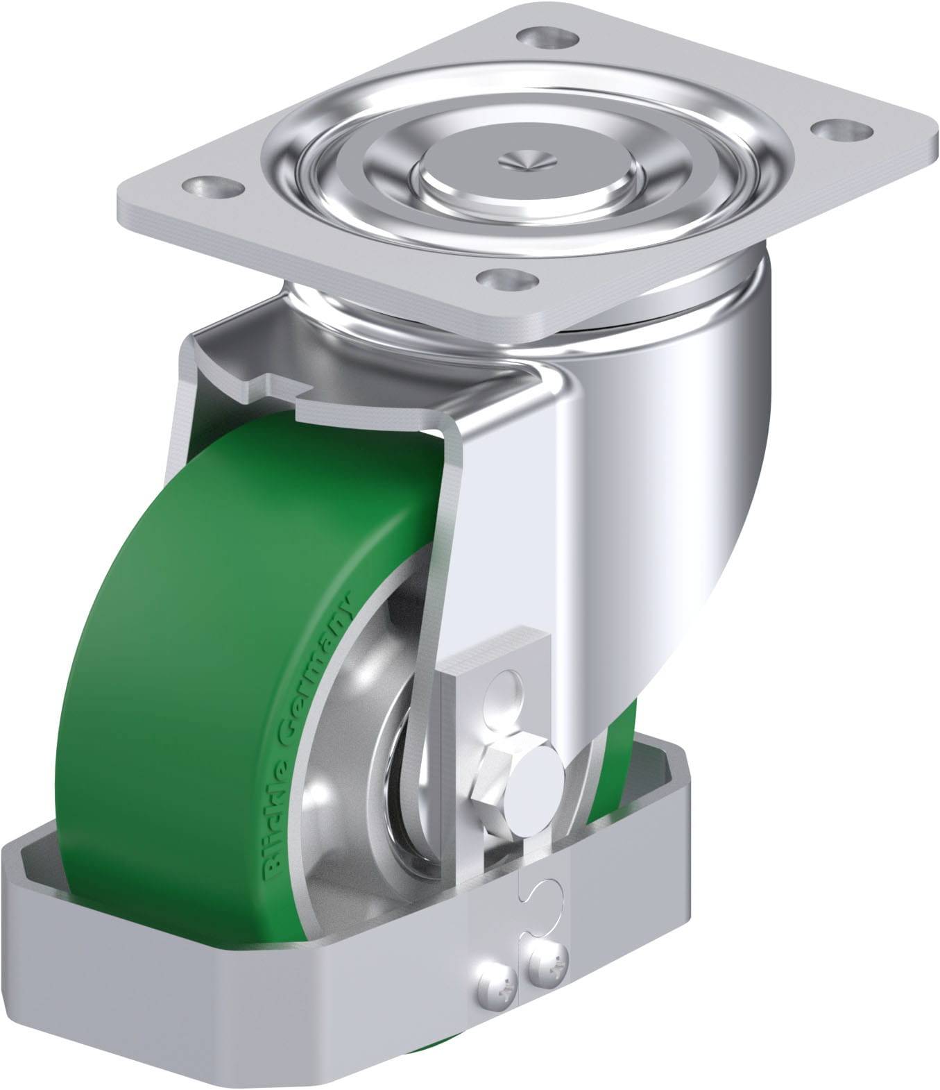 Ein grünes, drehbares Lenkrollenrad mit silbernem Metallgehäuse und Befestigungsplatte, für Transport- oder Industrieanwendungen.