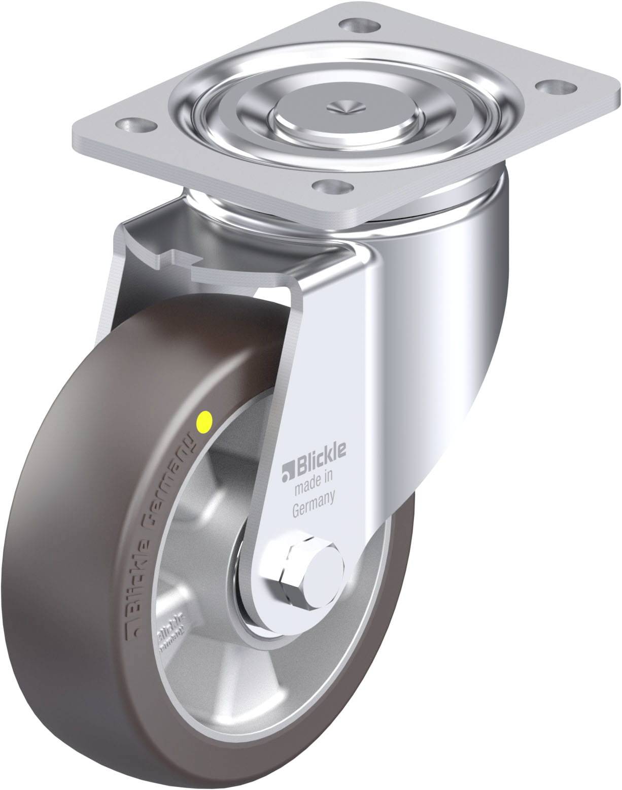 Schwenkrolle aus Metall mit schwarzem Rad und Befestigungsplatte. Aufschrift: 'Blickle made in Germany'.