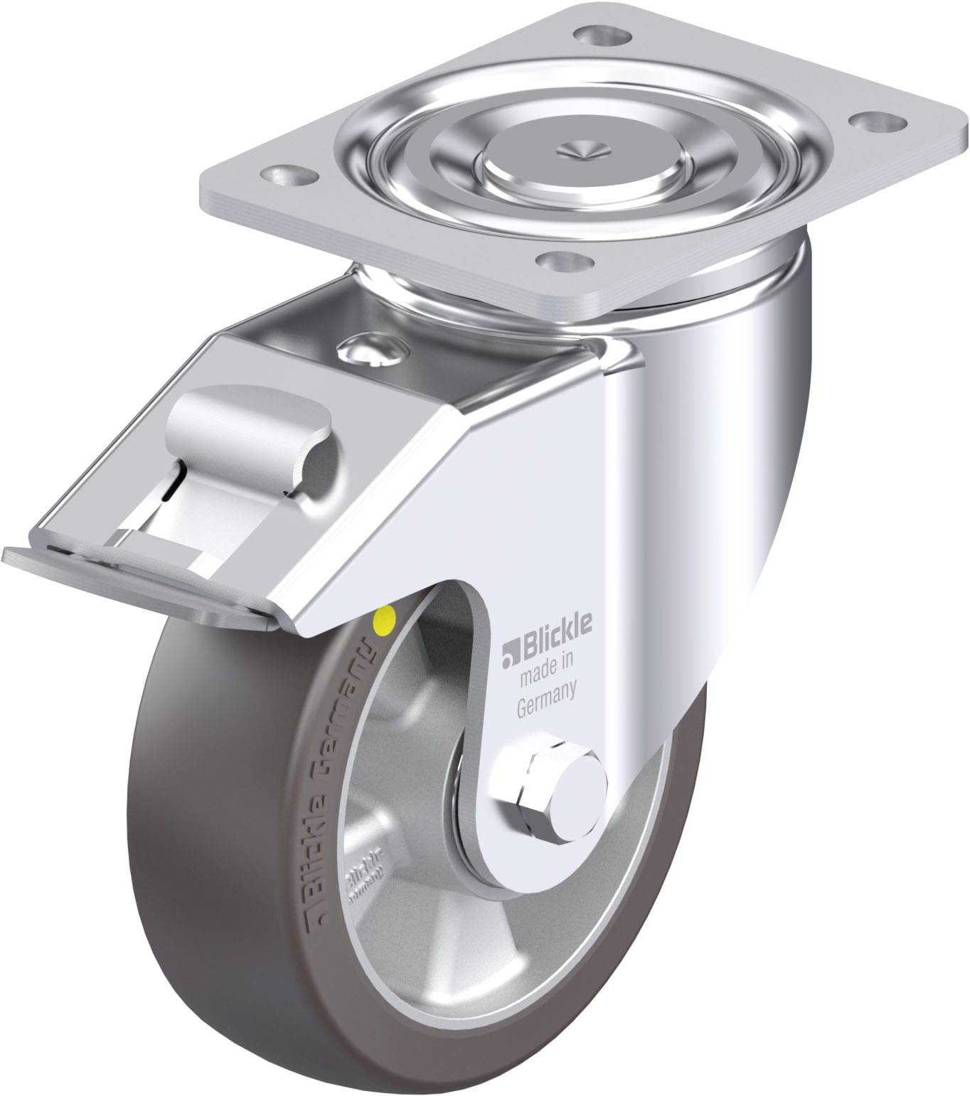 Drehbares Lenkrollenrad aus Metall mit grauem Rad, geeignet für industrielle Anwendungen. Marke und Herkunftsland auf der Seite.