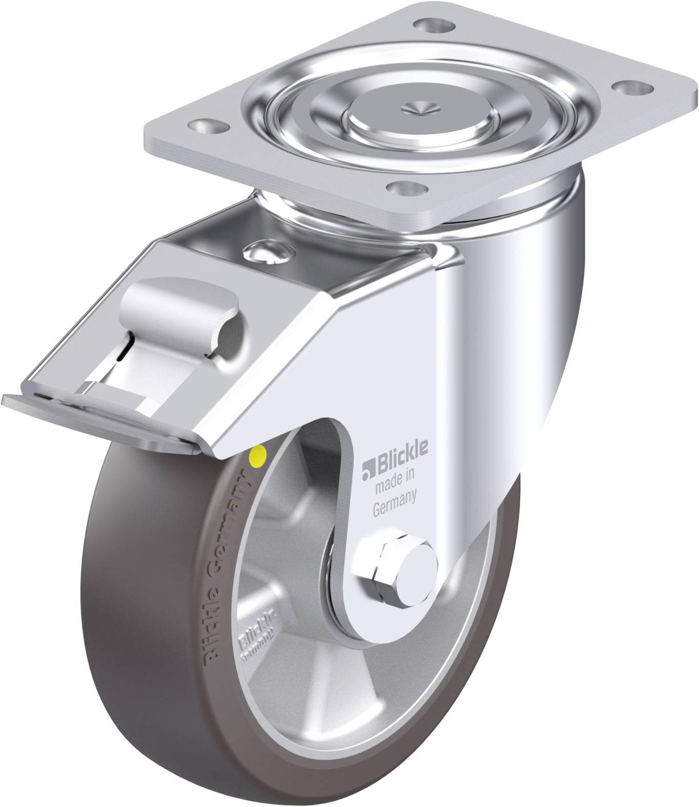 Metallrolle mit Bremse und schwenkbarer Halterung. Hergestellt in Deutschland. Geeignet für den industriellen Einsatz.
