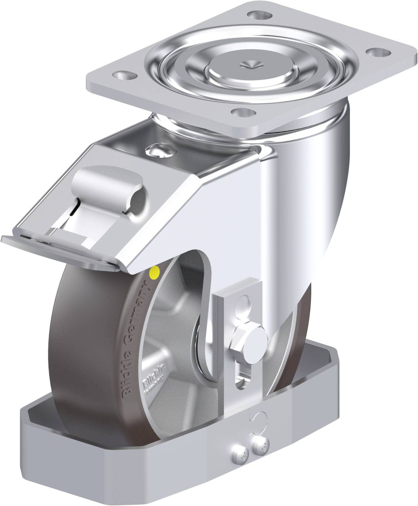 Eine robuste, schwenkbare Schwerlastrolle mit Feststellbremse aus Metall, für industrielle Anwendungen konzipiert.