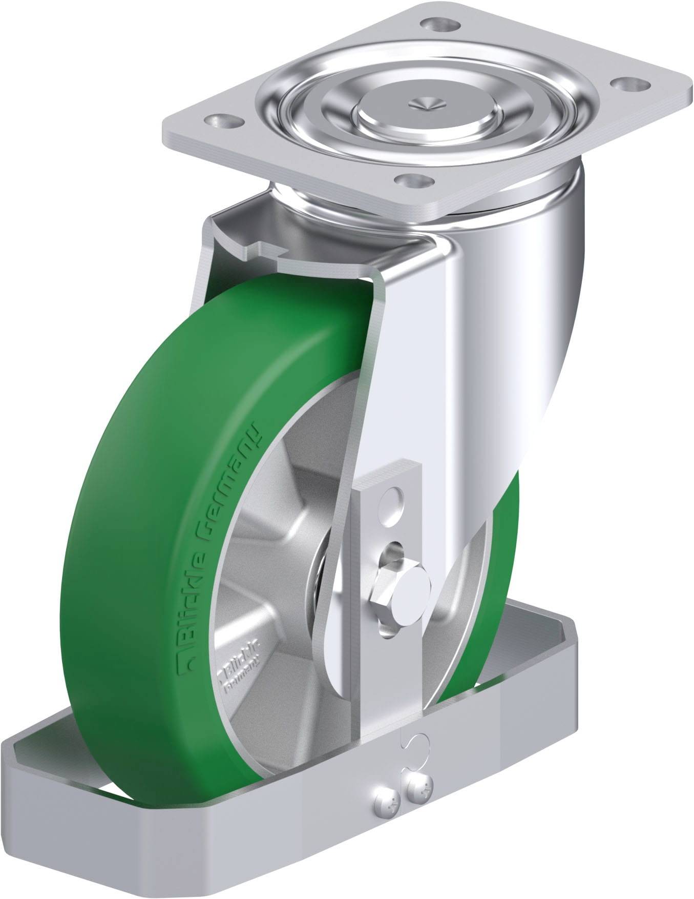 Ein grünes Rad mit silberner Halterung, geeignet für schwere Lasten. Es hat eine flache, quadratische Metallbasis zur Befestigung.
