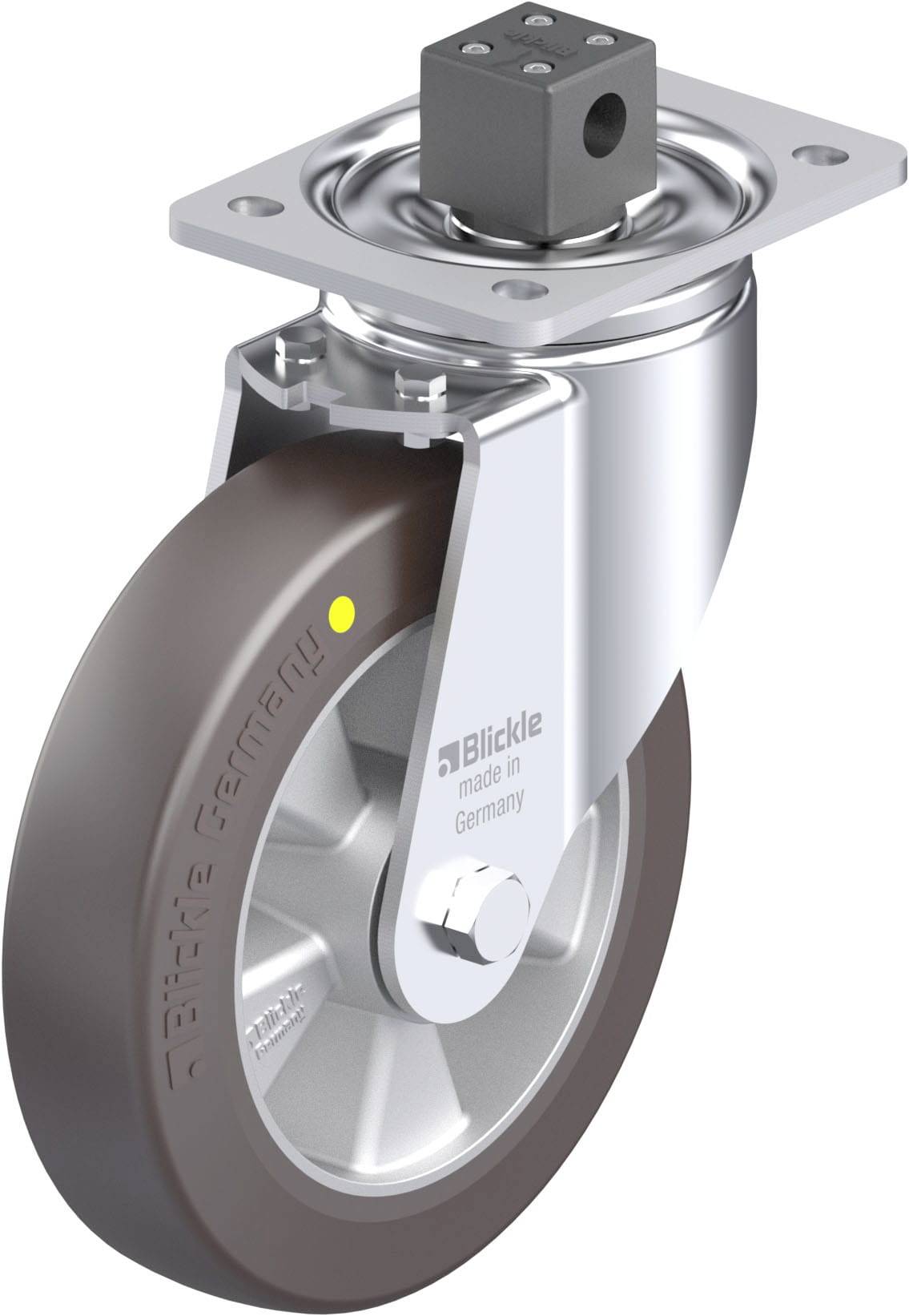 Rolle in Metallhalterung mit Aufschrift 'Blickle, made in Germany'. Funktioniert als Dreh- und Lenkmechanismus in Maschinen oder Möbeln.