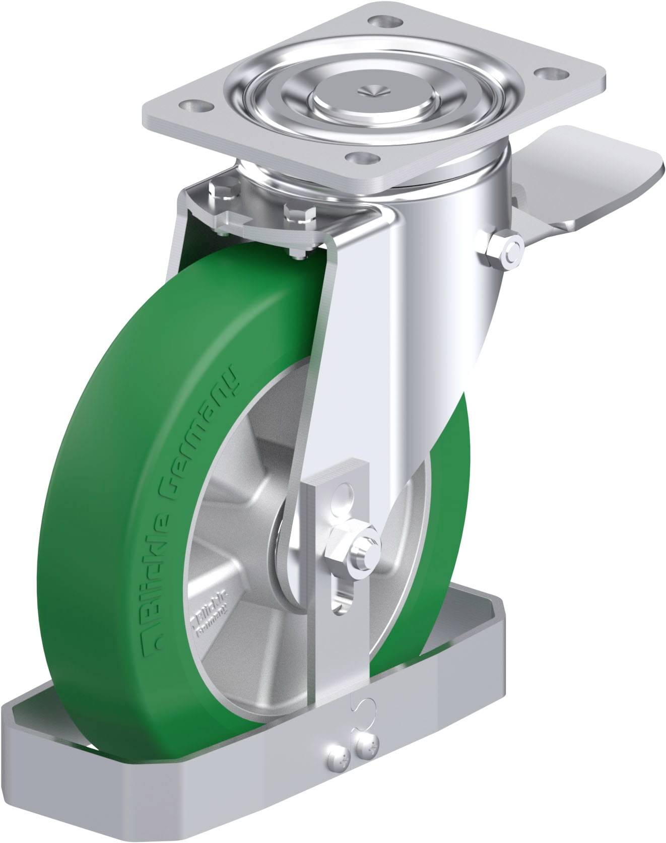 Industrie-Rad aus Metall mit grüner Gummibereifung und Bremse, montiert auf einer quadratischen Metallplatte für schwere Lasten.