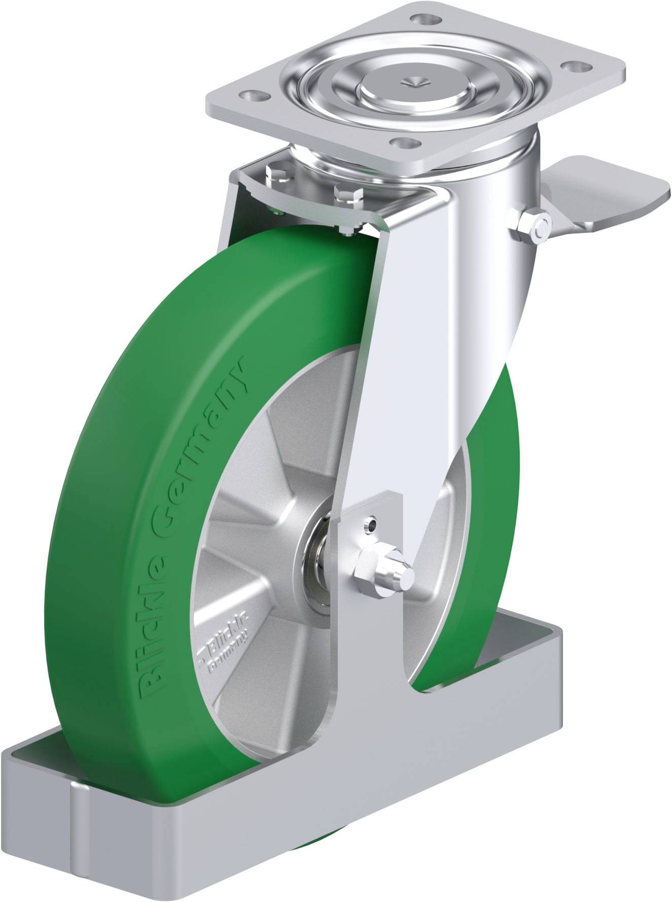 Schwenkrolle mit grünem Rad und Metallgehäuse, ideal für industrielle Anwendungen.