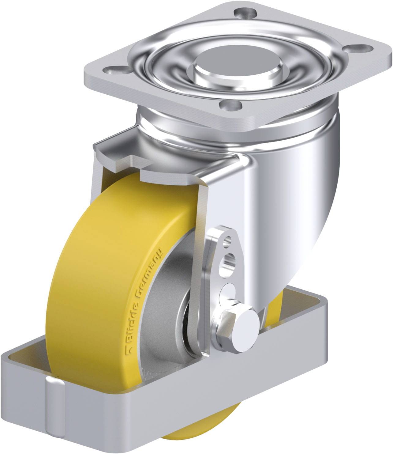 Schwenkrolle mit gelbem Rad und Metallplatte zur Montage. Geeignet für den Einsatz an Transportwagen oder Möbeln für einfache Mobilität.